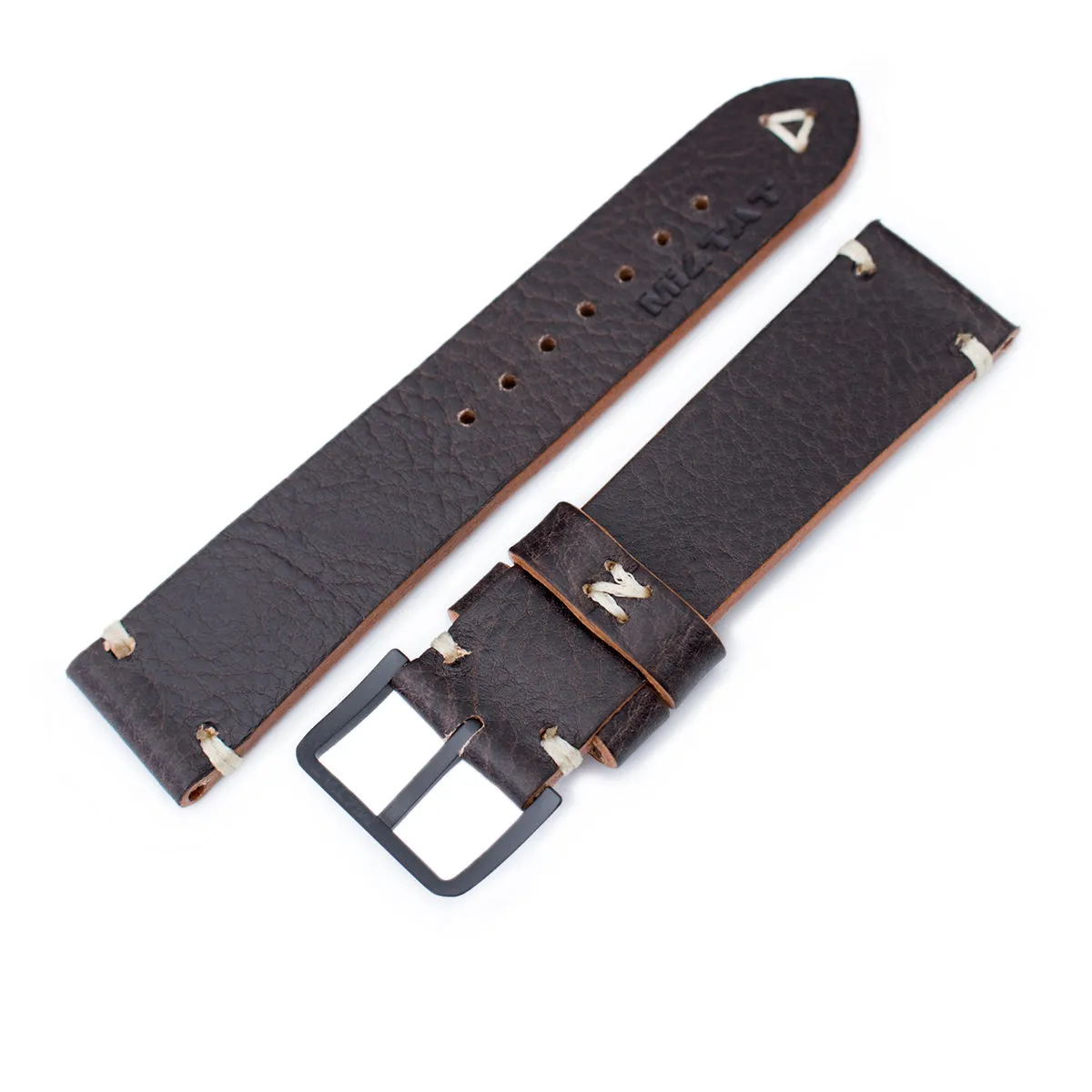 20mm, 21mm, 22mm MiLTAT Dark Brown Genuine Calf Leather Watch Strap, Beige Stitching, PVD Black Buckle