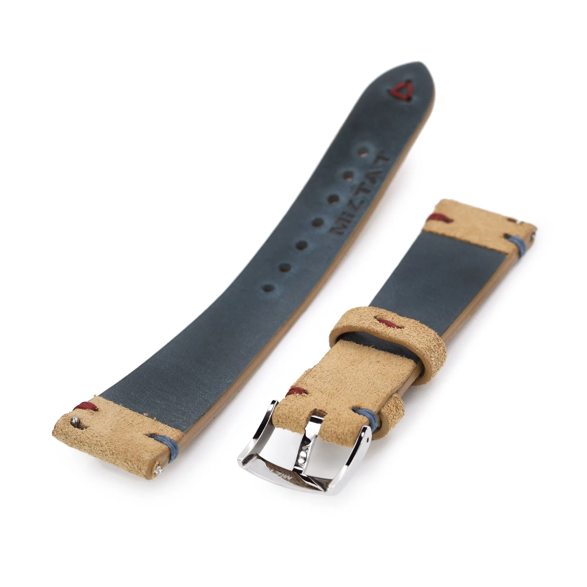 20mm Khaki Quick Release Italian Suede Leather Watch Strap, Blue - Red St.