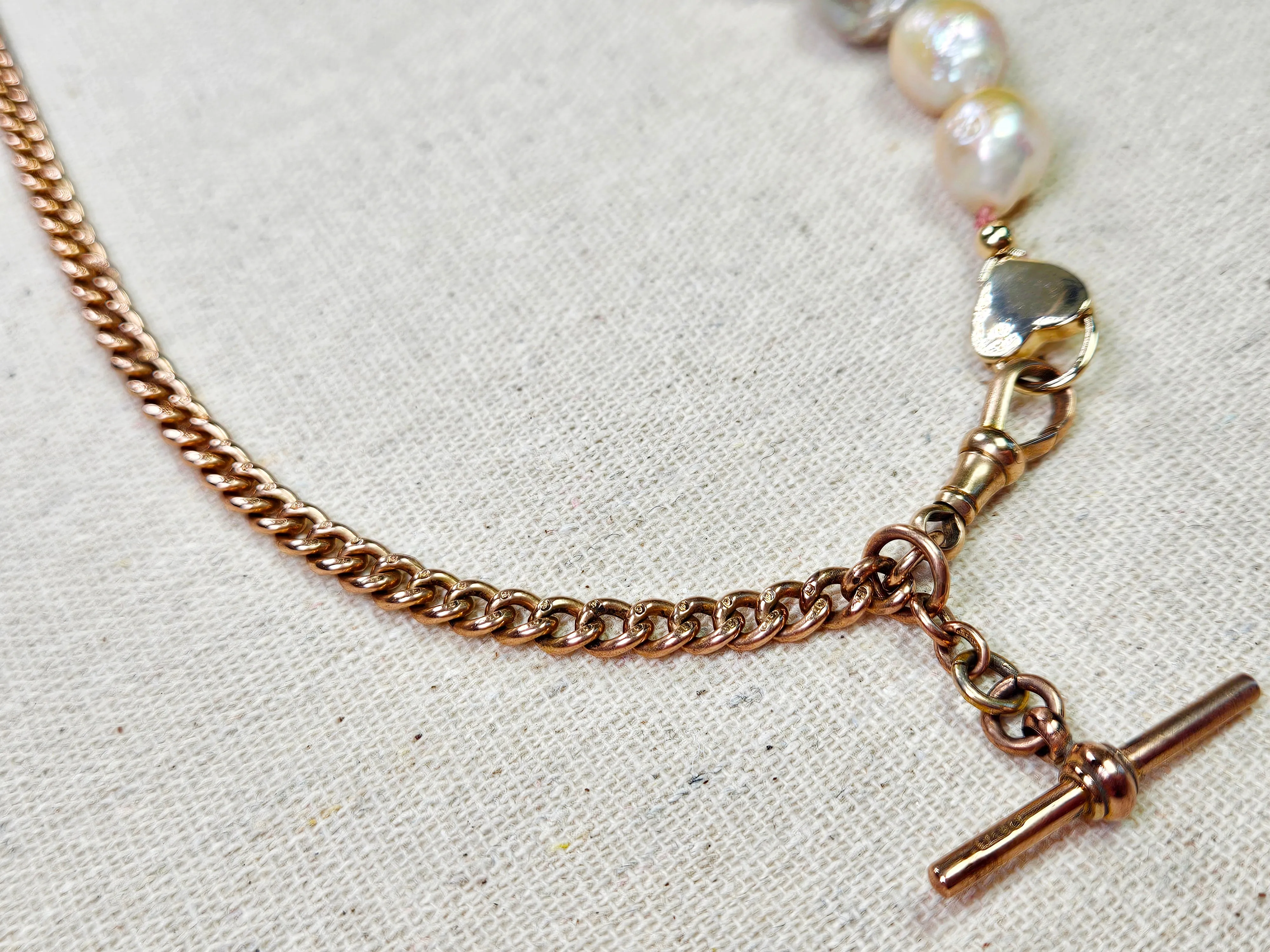 2IN1 - Antique 9k Gold Watch Chain T Bar & Genuine Freshwater Baroque Pearl 14K Gold Bracelet Heart Clasp Star Charm | Indulgems | Antique Jewelry Revamped