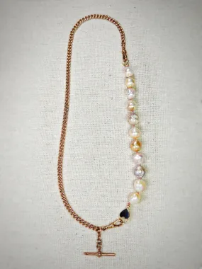 2IN1 - Antique 9k Gold Watch Chain T Bar & Genuine Freshwater Baroque Pearl 14K Gold Bracelet Heart Clasp Star Charm | Indulgems | Antique Jewelry Revamped