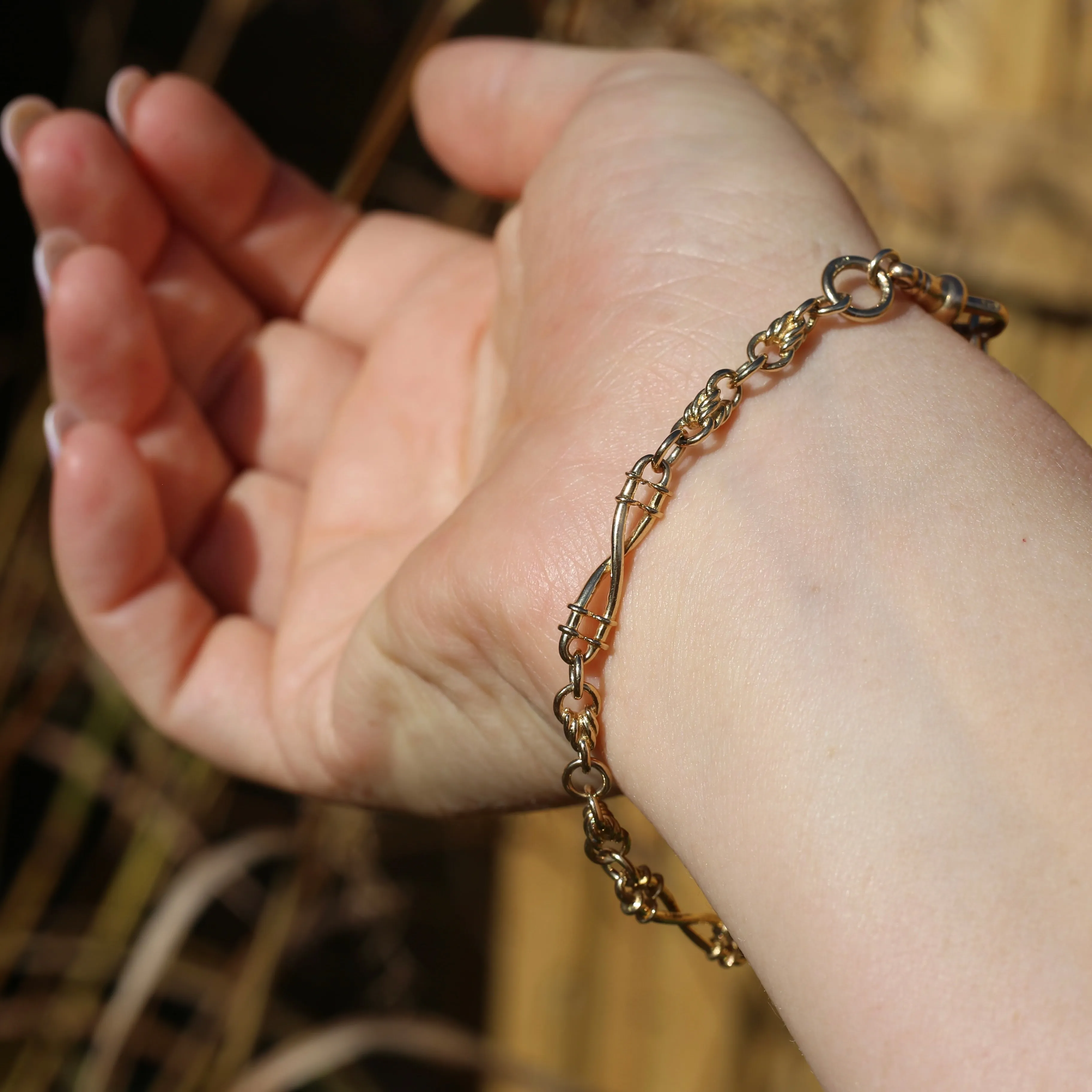 9ct Yellow Gold Fancy Twisted Trombone and Love Link Bracelet or Watch Chain Extender, 10.8g 20.5cm