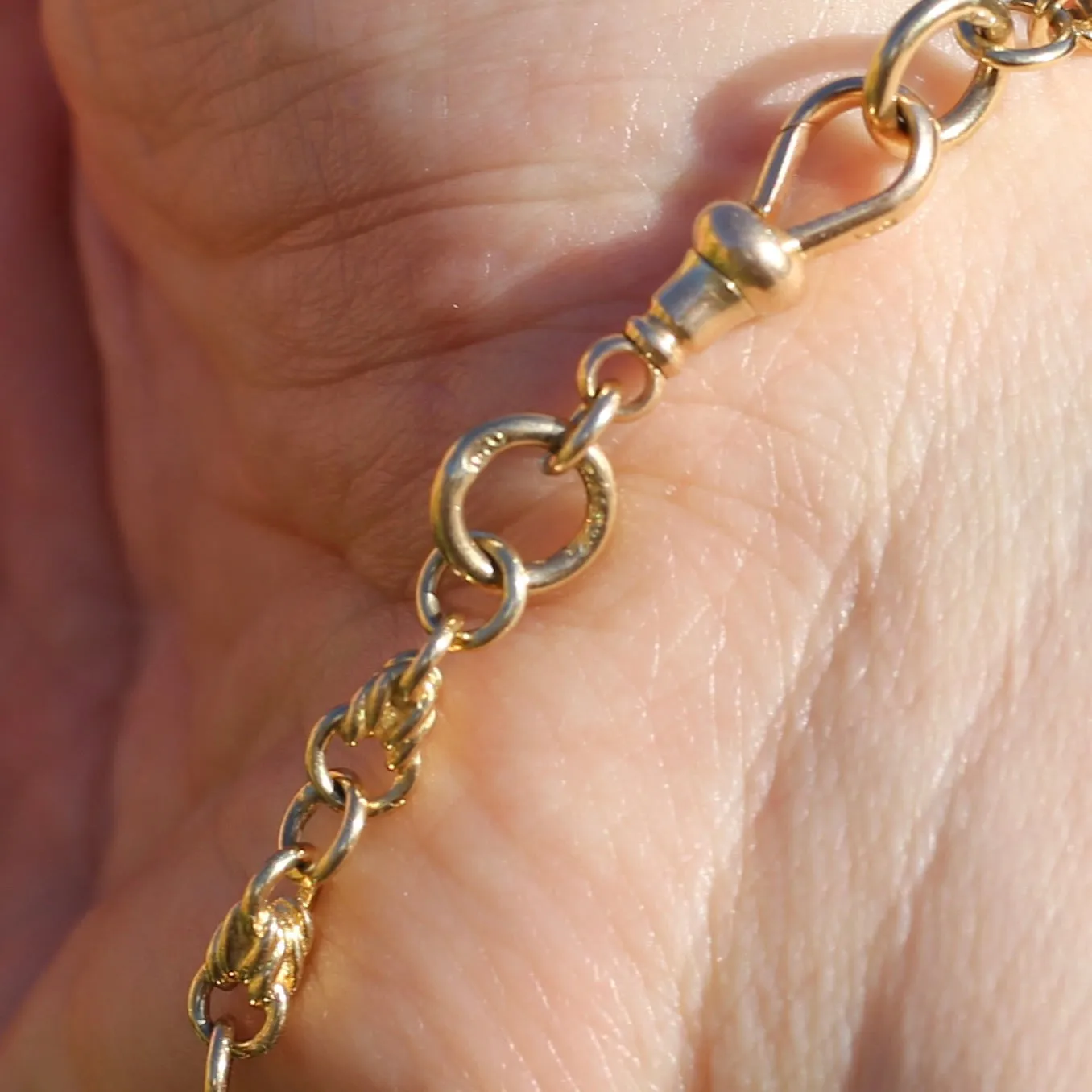 9ct Yellow Gold Fancy Twisted Trombone and Love Link Bracelet or Watch Chain Extender, 10.8g 20.5cm