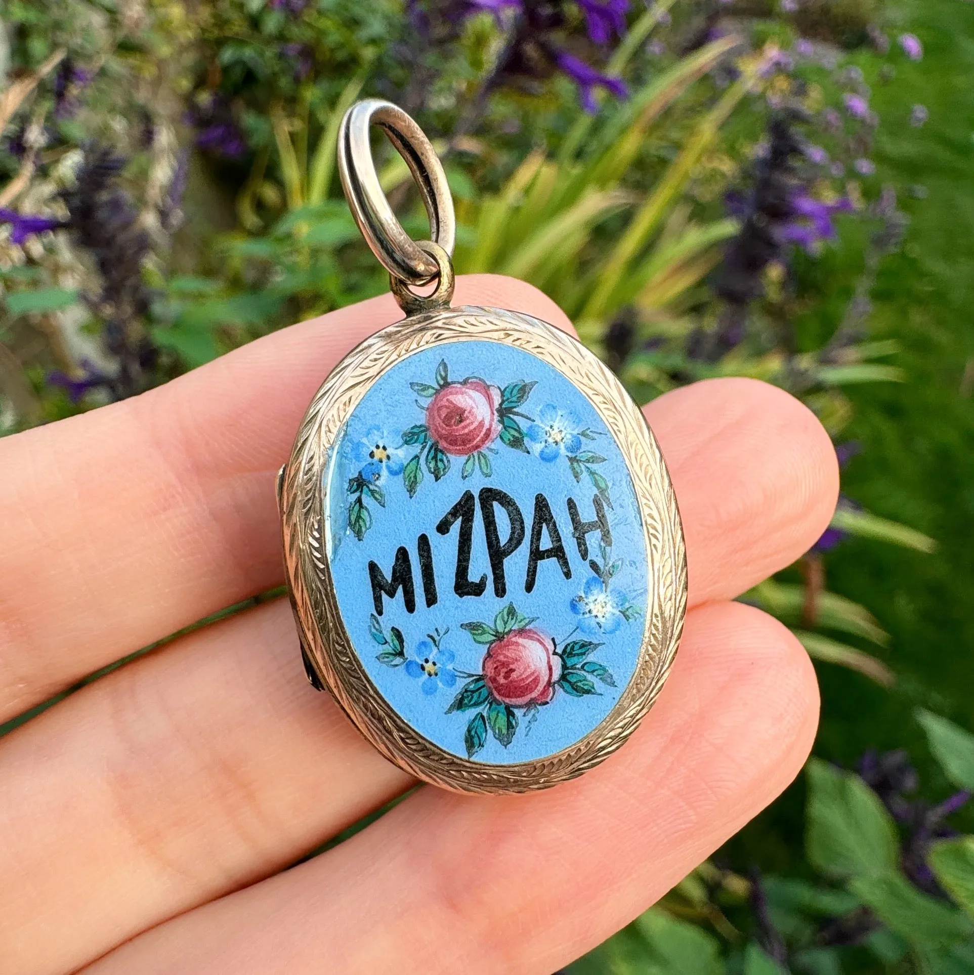 Antique Victorian Enamel 'Mizpah' Floral Locket Gold Cased Locket