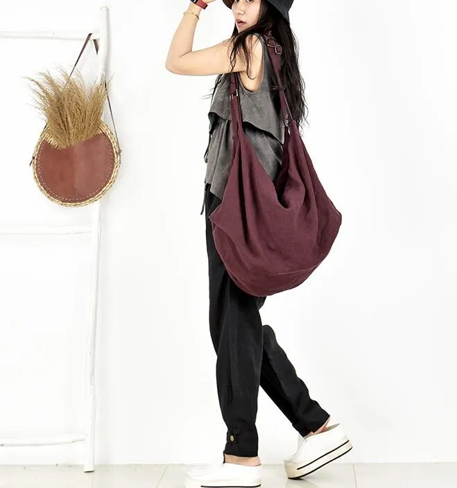 Casual Large Washed Linen Women Travel Bag Single Shoulder Bag