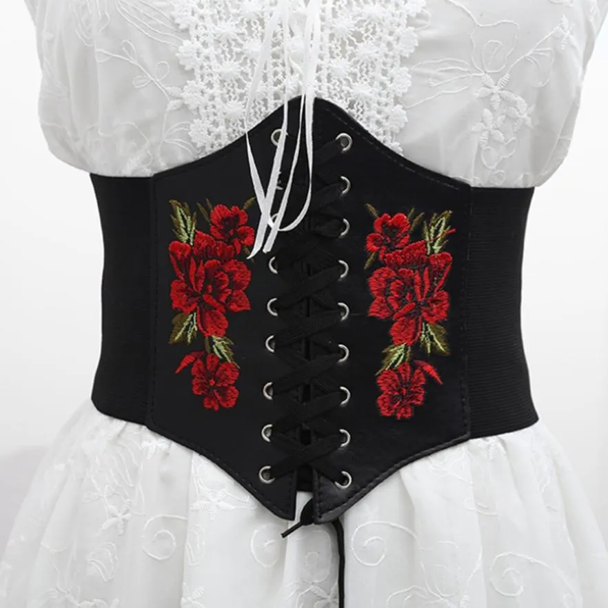 Exquisite Girl's Ultra-wide Elastic Girdle Embroidered Belt Flower Embroidered Waist Clothing Accessories