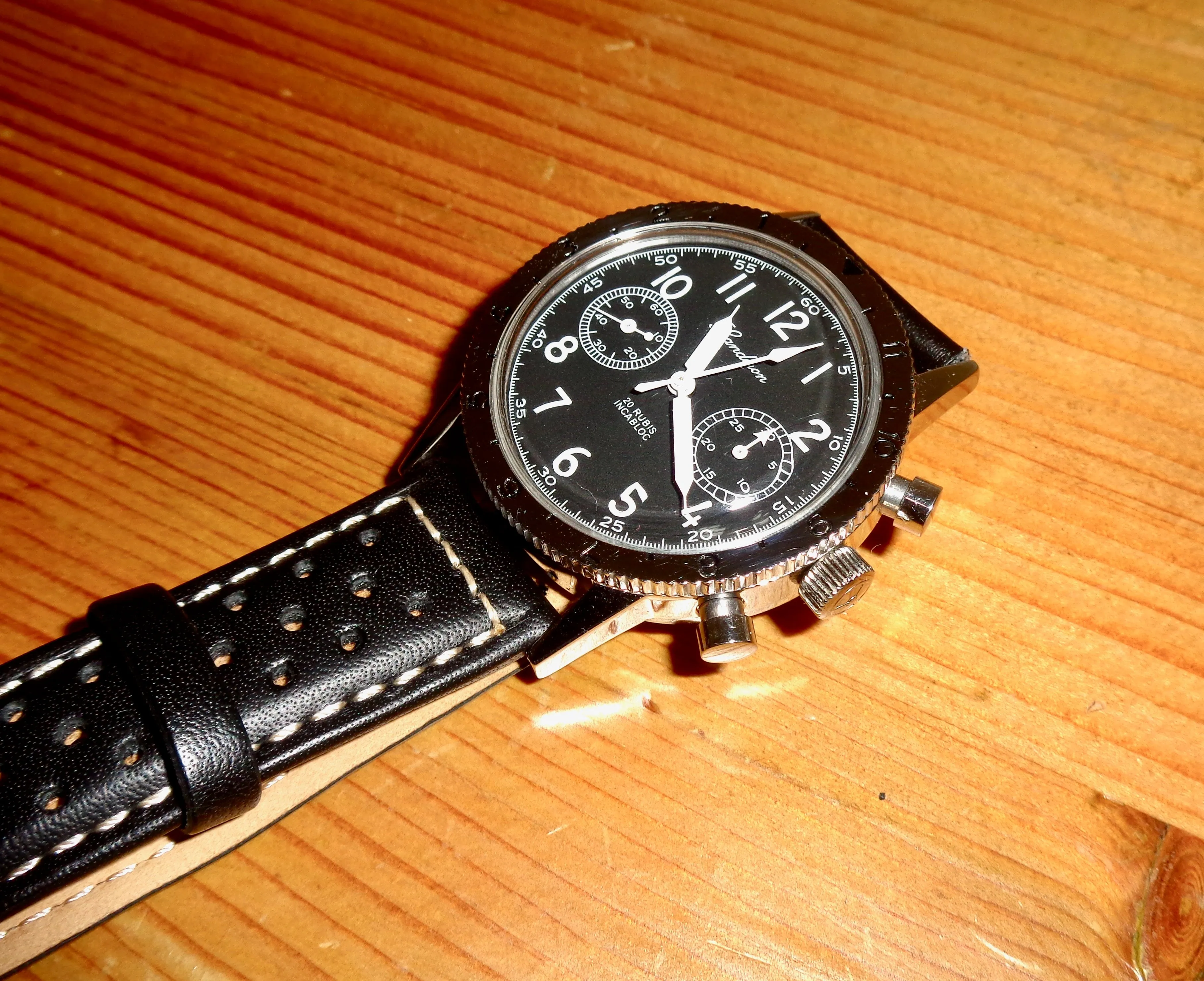 Landeron Type 20 Chronograph Watch In Black Leather and Stainless Steel