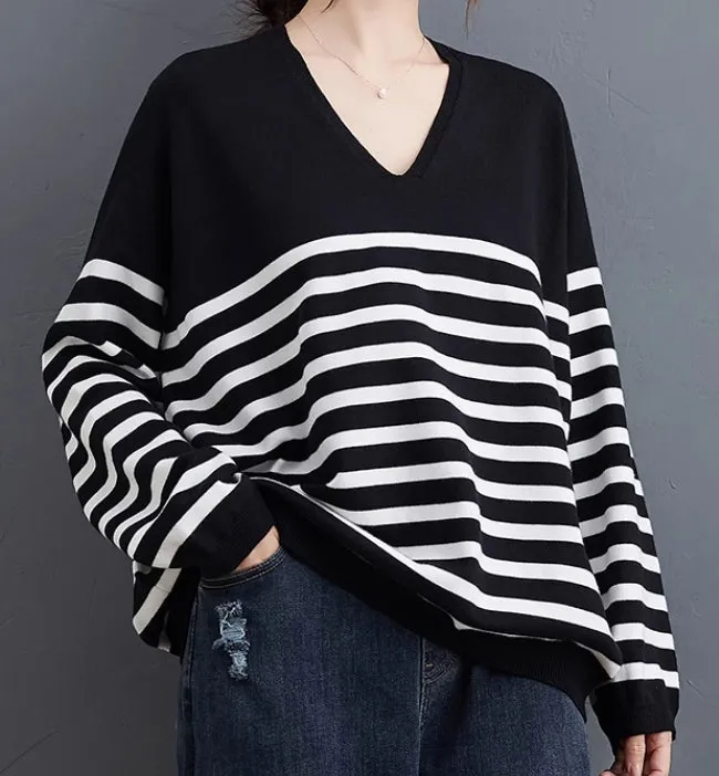 Loose Fall striped V-neck top,Women Cotton Tops Women Blouse 9506