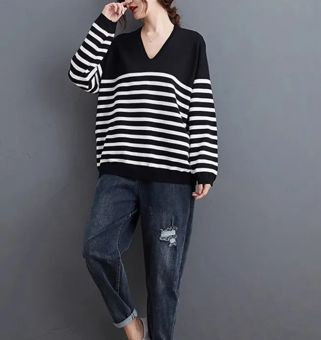 Loose Fall striped V-neck top,Women Cotton Tops Women Blouse 9506