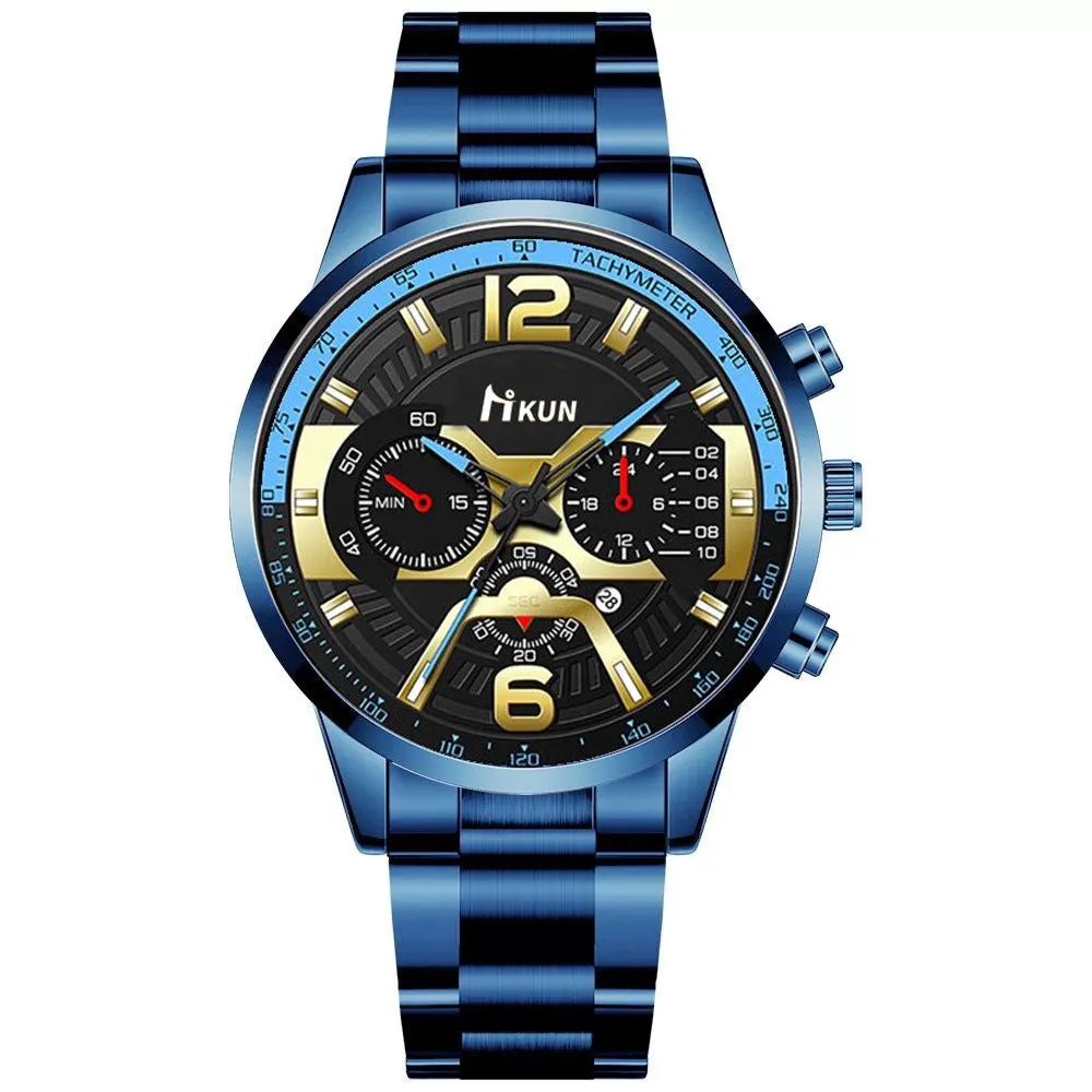 Men's Steel Strap Watch Fake Three Eyes with Calendar Double Scale Quartz Watch Men's