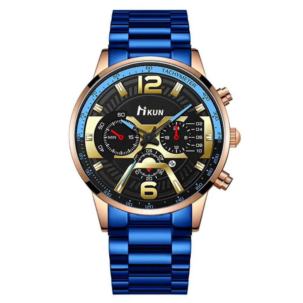 Men's Steel Strap Watch Fake Three Eyes with Calendar Double Scale Quartz Watch Men's