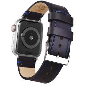 Ritche Black Blue Stitching Top Grain Leather iWatch Band in 38, 40, 41, 42, 44, 45mm