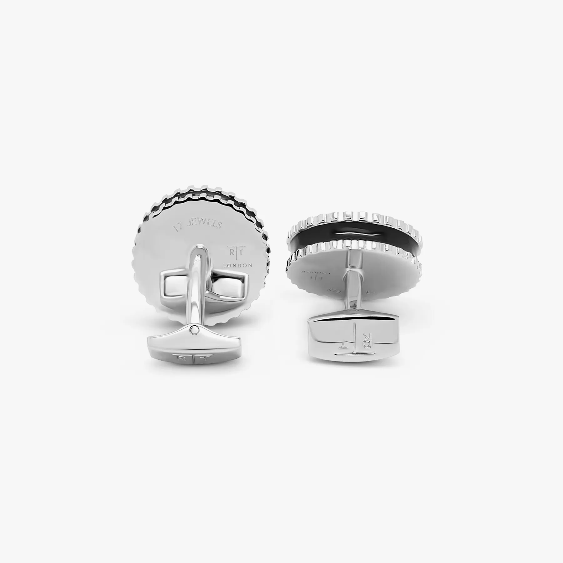 Round Skeleton Gear static cufflinks with black enamel in Palladium Plated