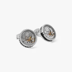 Round Skeleton Gear static cufflinks with black enamel in Palladium Plated