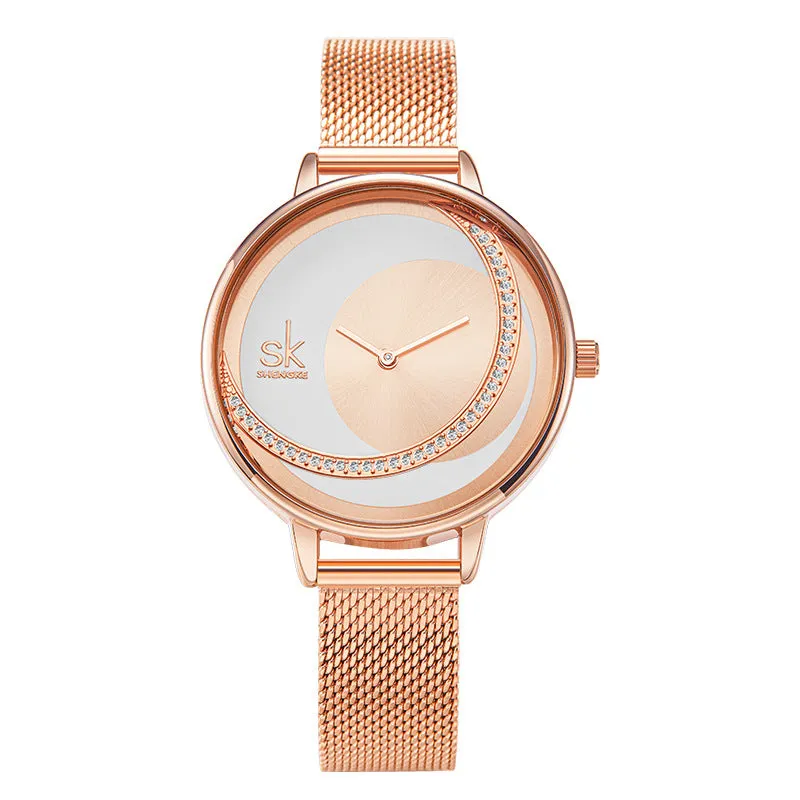 SK Winning Rhinestone Waterproof Women's Watch Sun Pattern Rose Gold Watch Mesh Belt Belt Women's Watch 0088