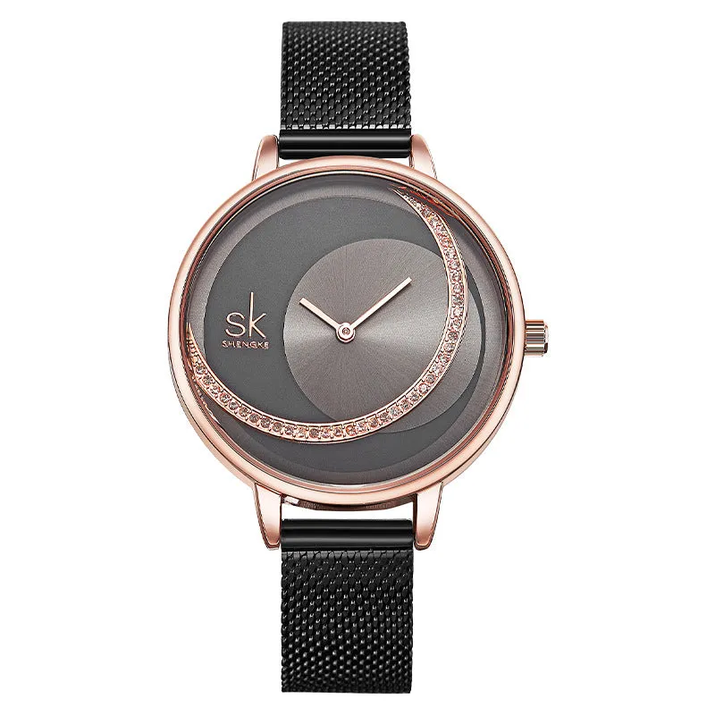 SK Winning Rhinestone Waterproof Women's Watch Sun Pattern Rose Gold Watch Mesh Belt Belt Women's Watch 0088