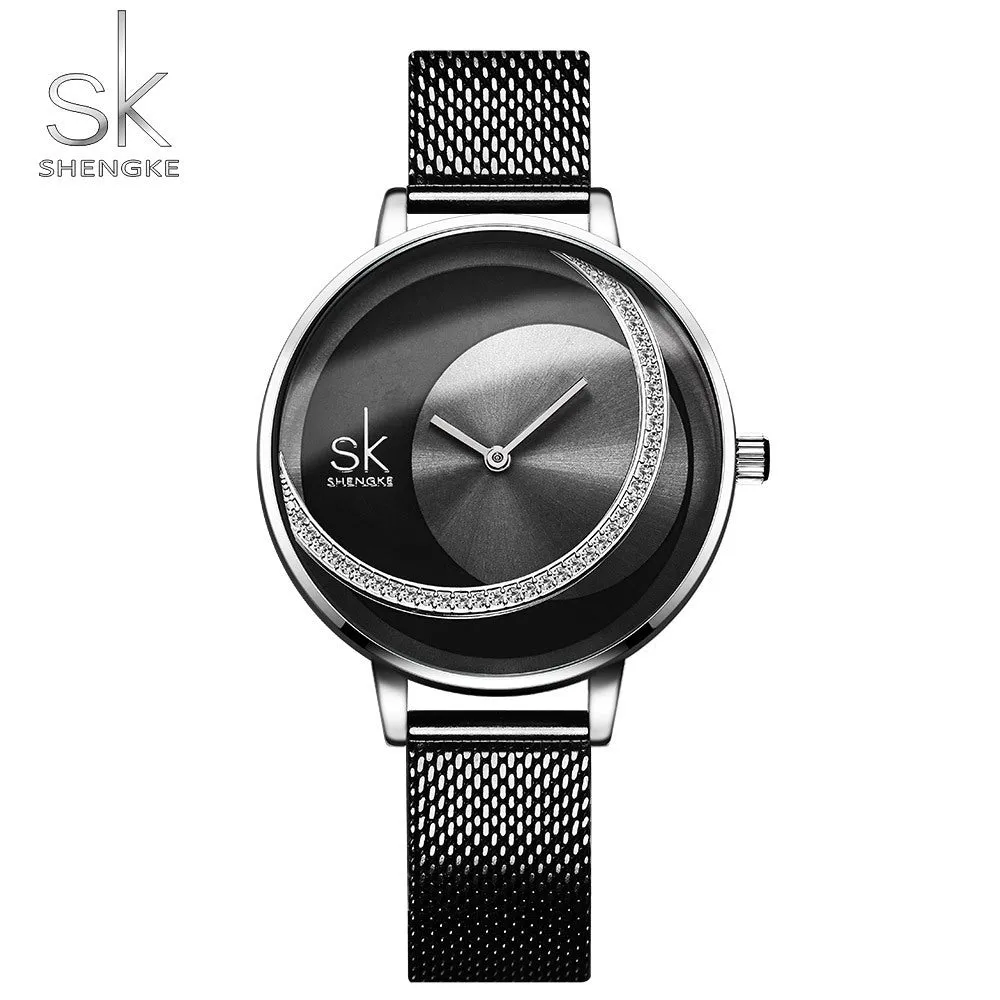 SK Winning Rhinestone Waterproof Women's Watch Sun Pattern Rose Gold Watch Mesh Belt Belt Women's Watch 0088