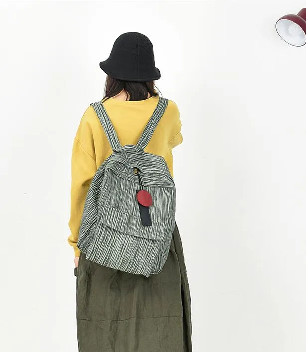 Striped Linen Casual Large Backpack Women Travel Bag Shoulder Bag