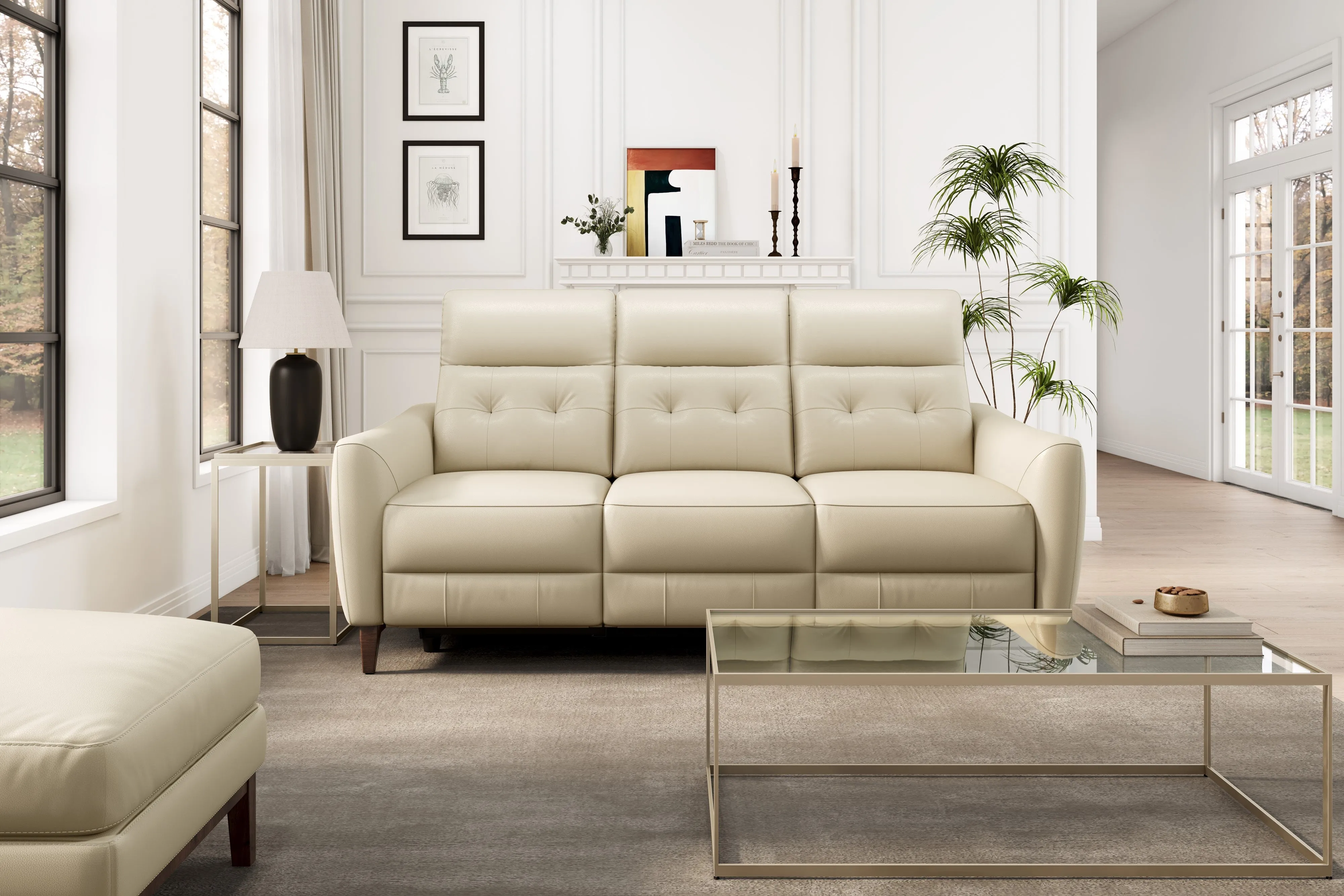 Valencia Elena Leather Three Seats Power Recliner Sofa, Cream