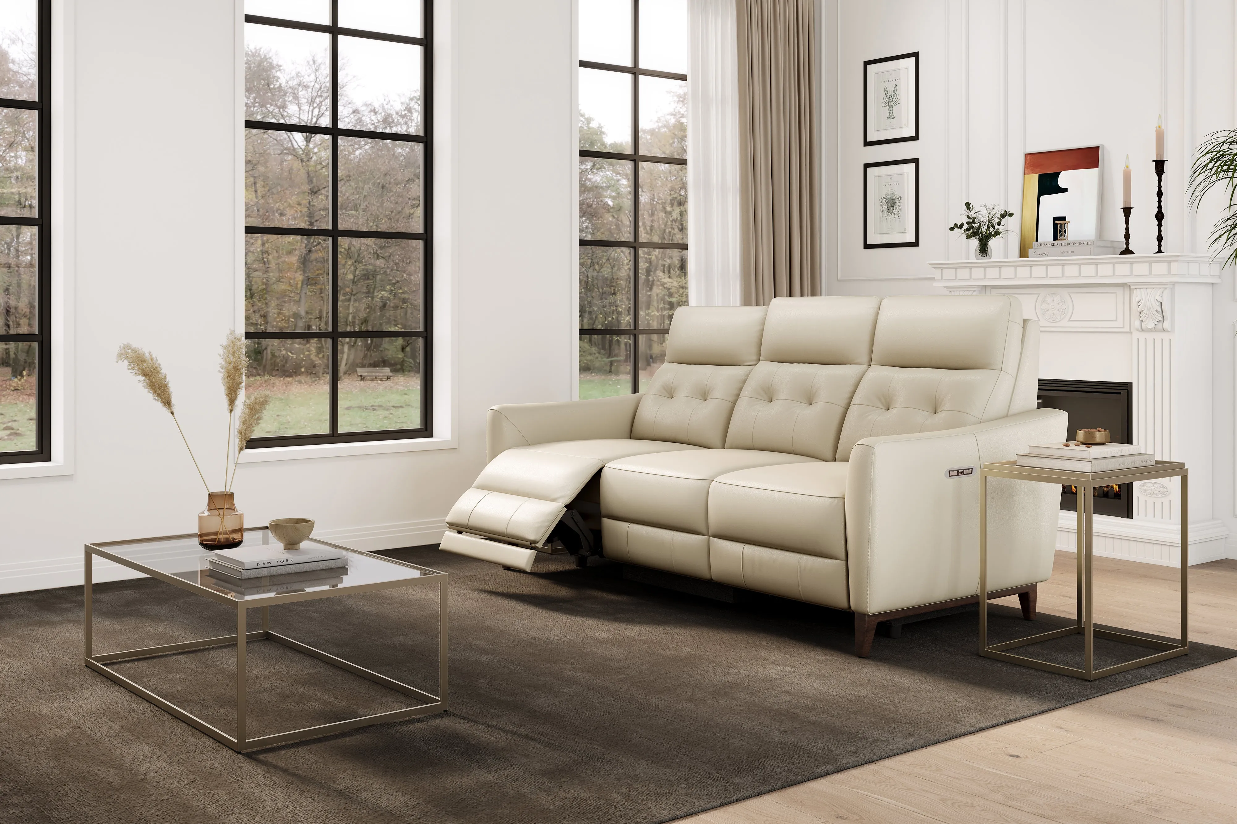 Valencia Elena Leather Three Seats Power Recliner Sofa, Cream