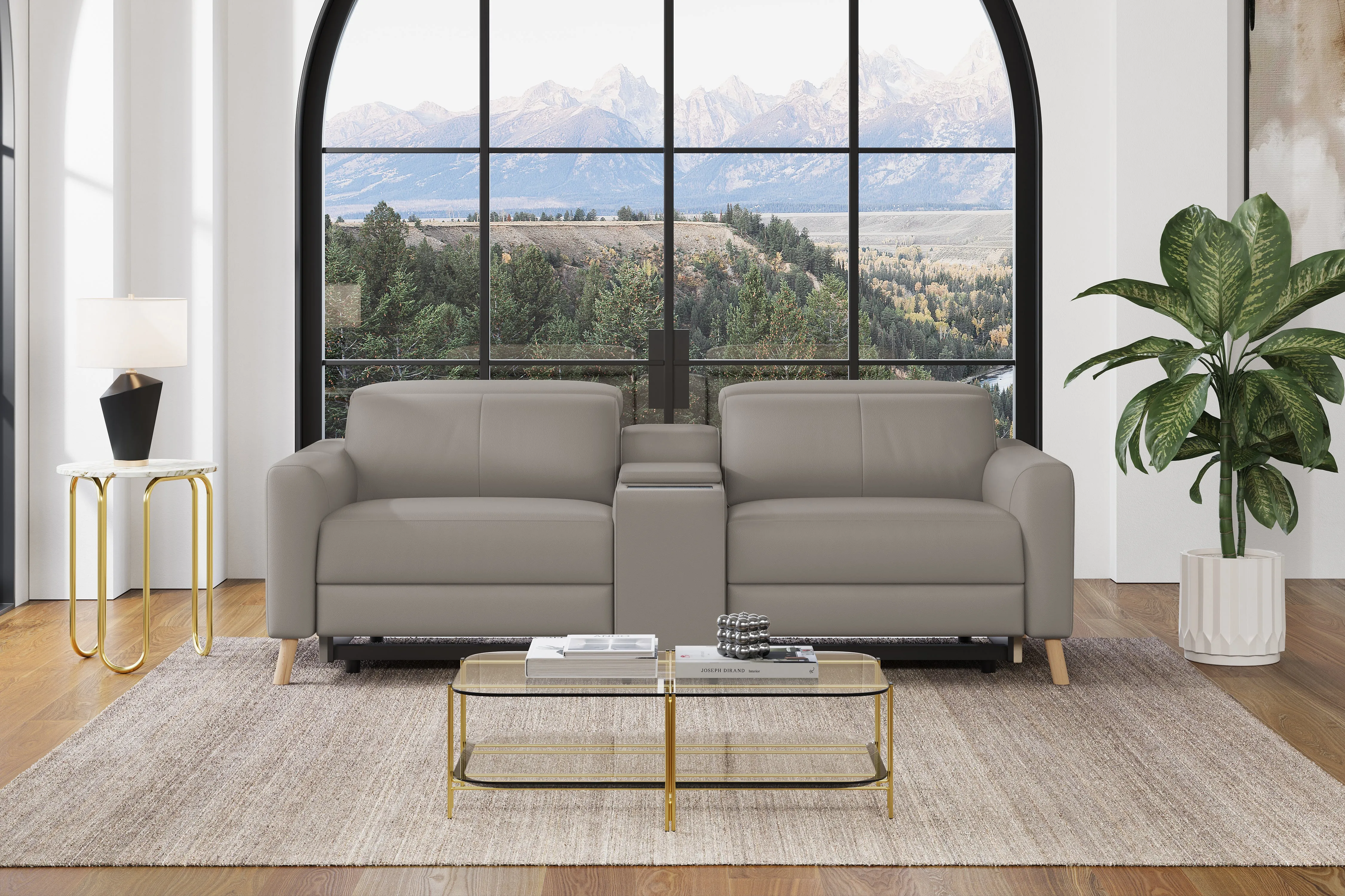 Valencia Elodie Top Grain Leather Loveseat with Console Sofa, Light Grey