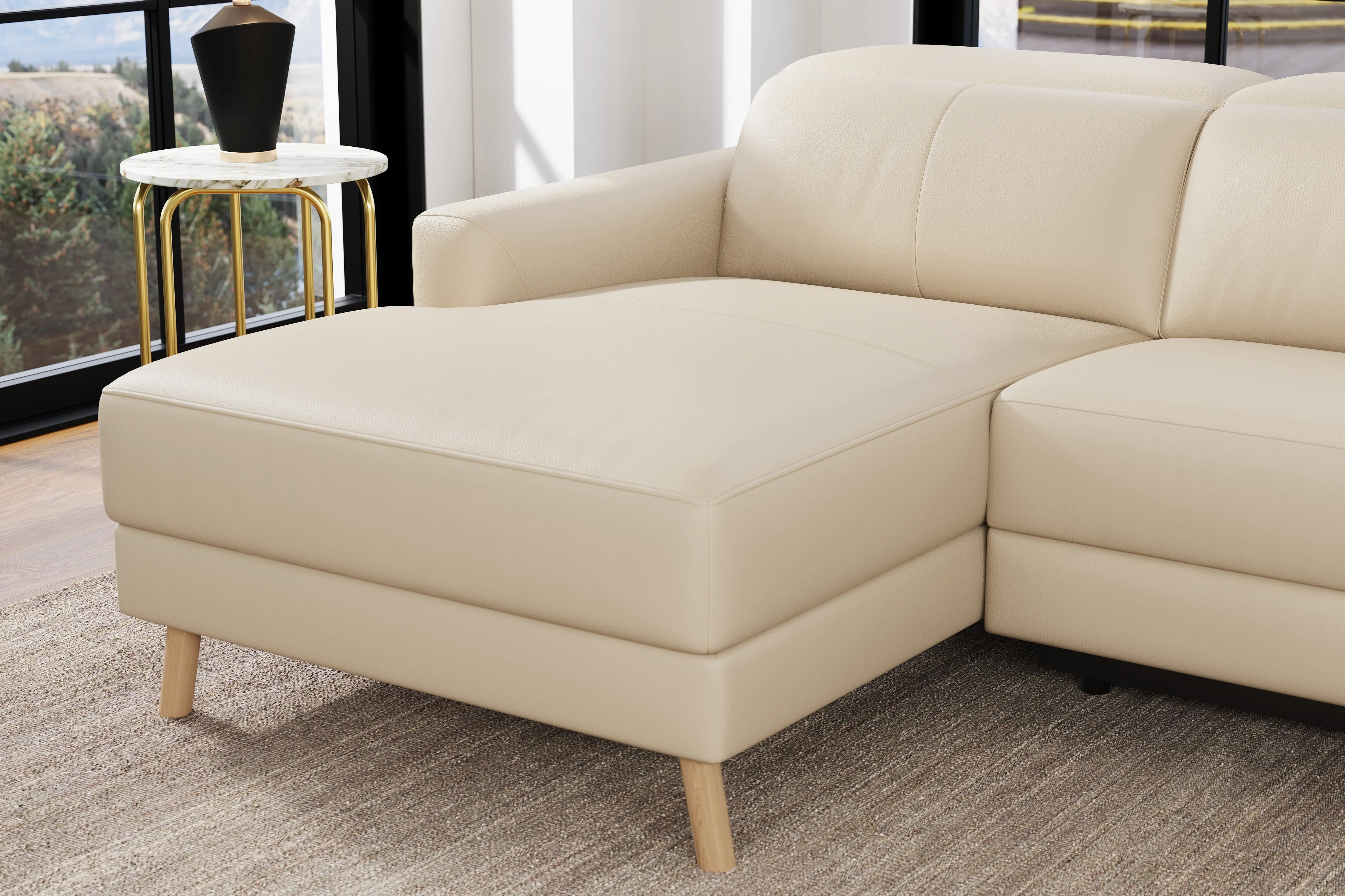 Valencia Elodie Top Grain Leather Sectional Sofa, Three Seats with Left Chaise, Beige