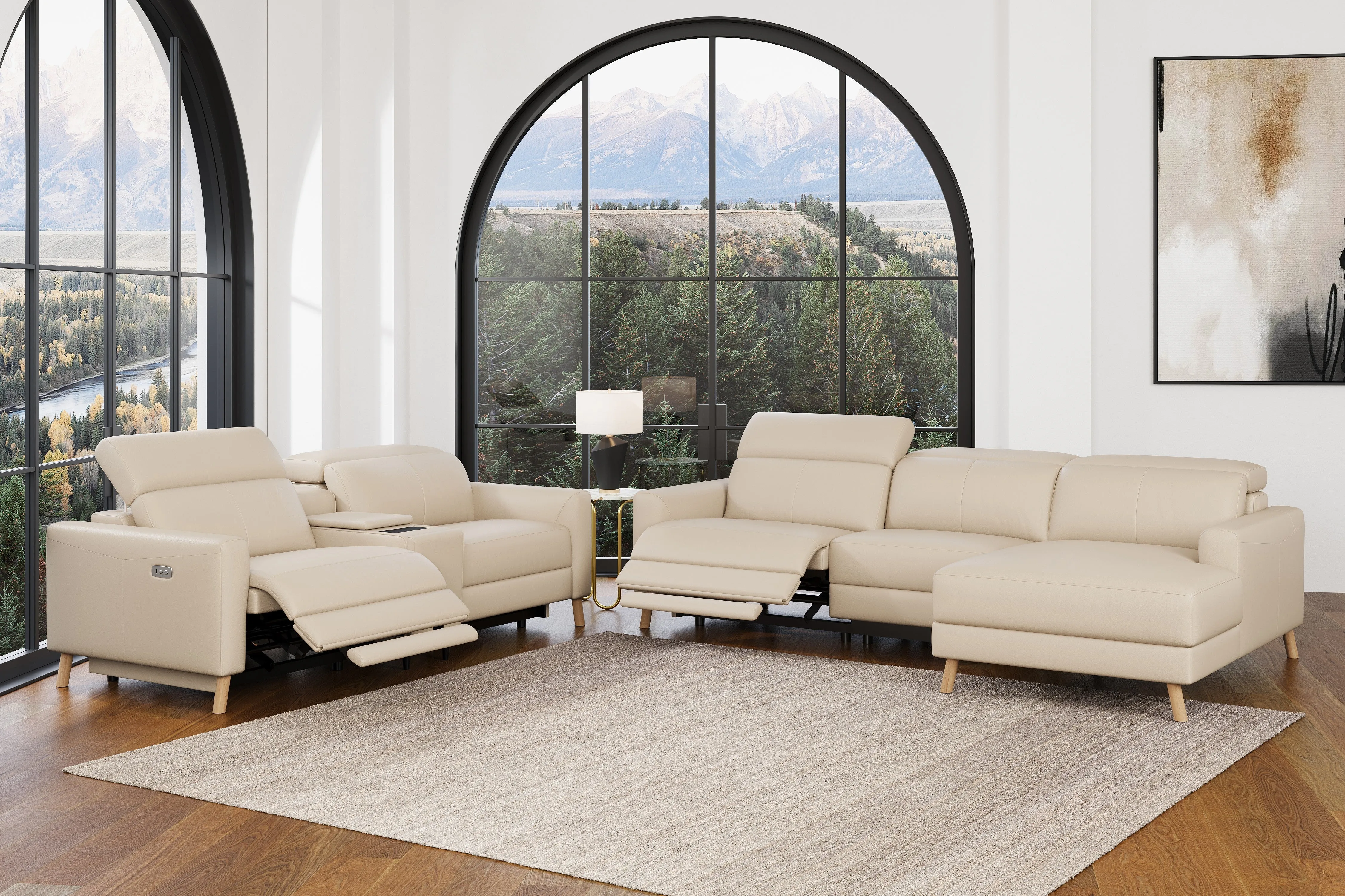 Valencia Elodie Top Grain Leather Sectional Sofa, Three Seats with Right Chaise, Beige