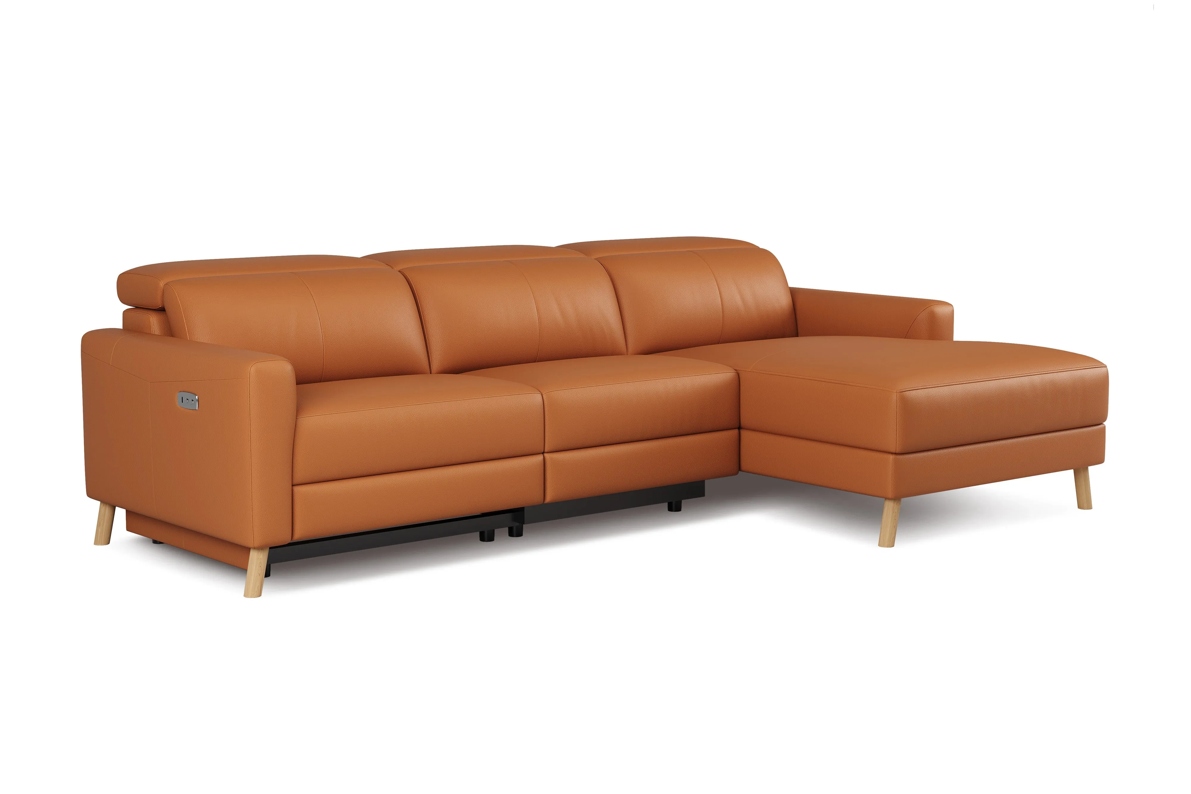 Valencia Elodie Top Grain Leather Sectional Sofa, Three Seats with Right Chaise, Cognac