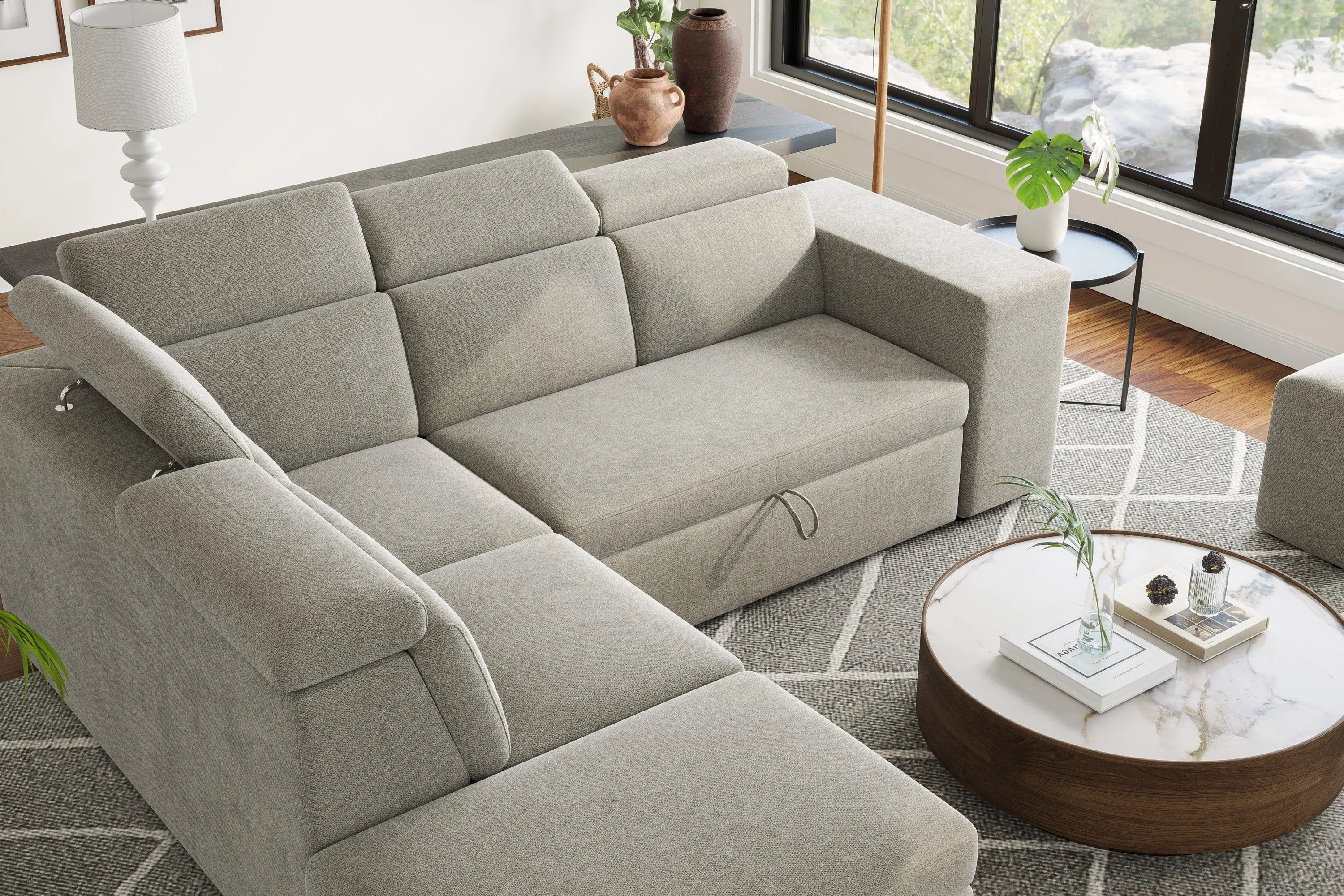 Valencia Finn Fabric Sectional Sofa Bed with Left Hand Storage, Light Grey