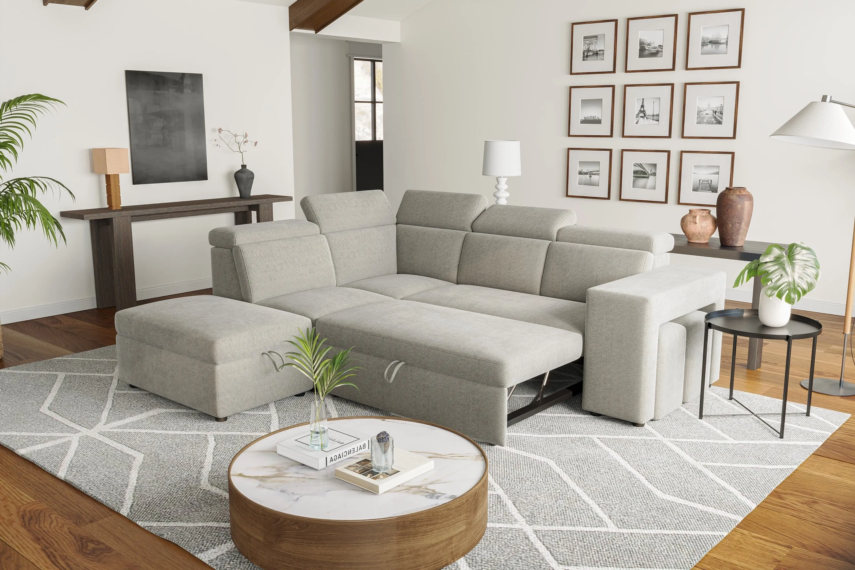 Valencia Finn Fabric Sectional Sofa Bed with Left Hand Storage, Light Grey