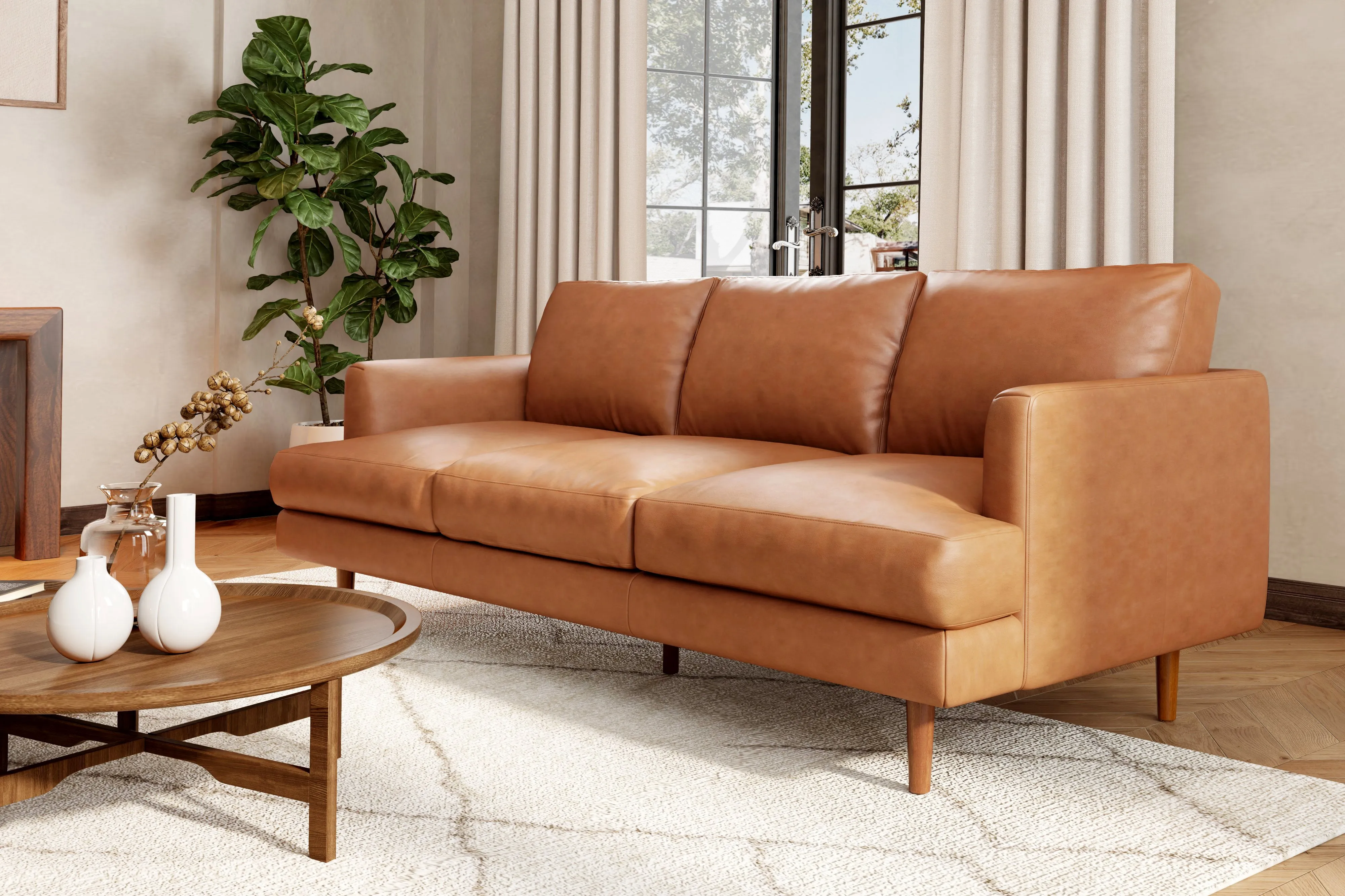 Valencia Grosseto Top Grain Leather Sofa, Three Seats, Cognac