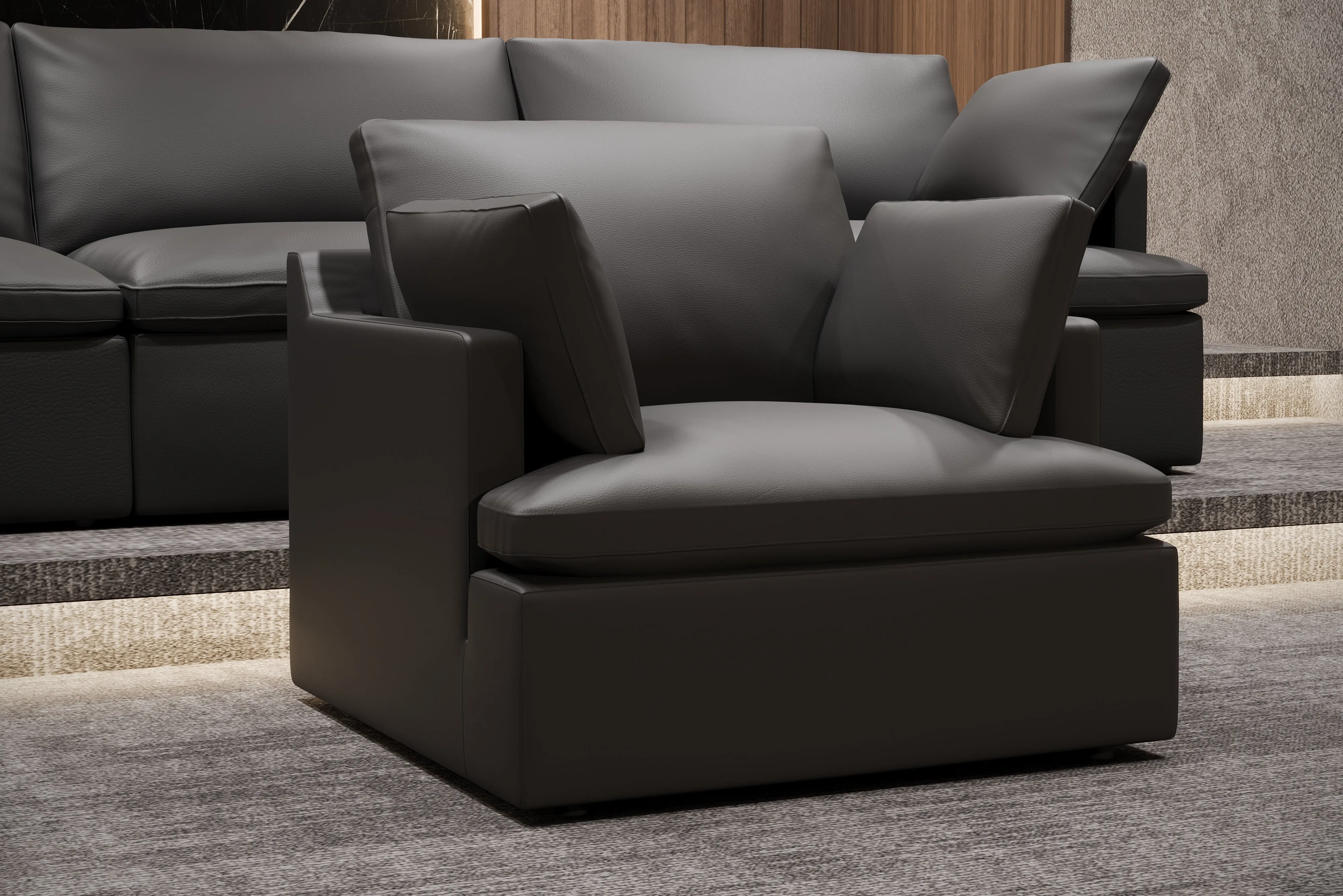 Valencia Isola Cloud Top Grain Leather Theater Lounge Modular Sofa Left Modular, Black Color