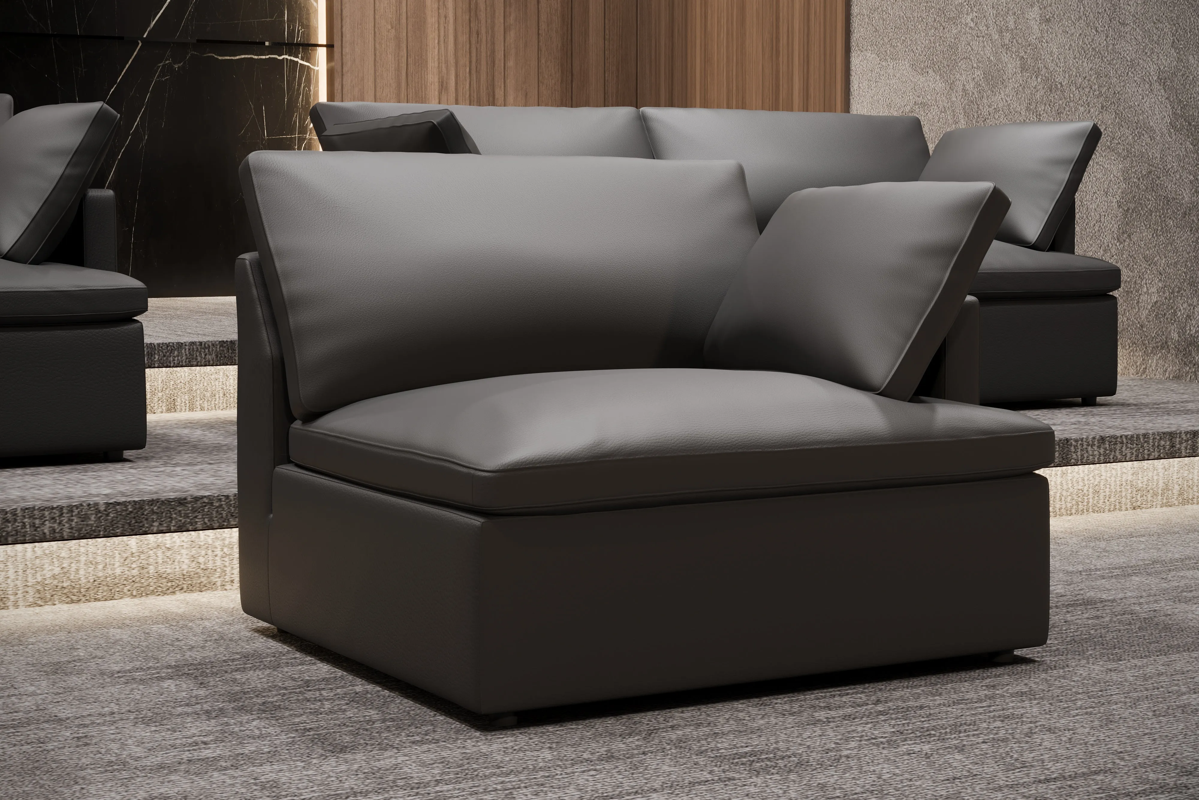 Valencia Isola Cloud Top Grain Leather Theater Lounge Modular Sofa Left Modular, Black Color