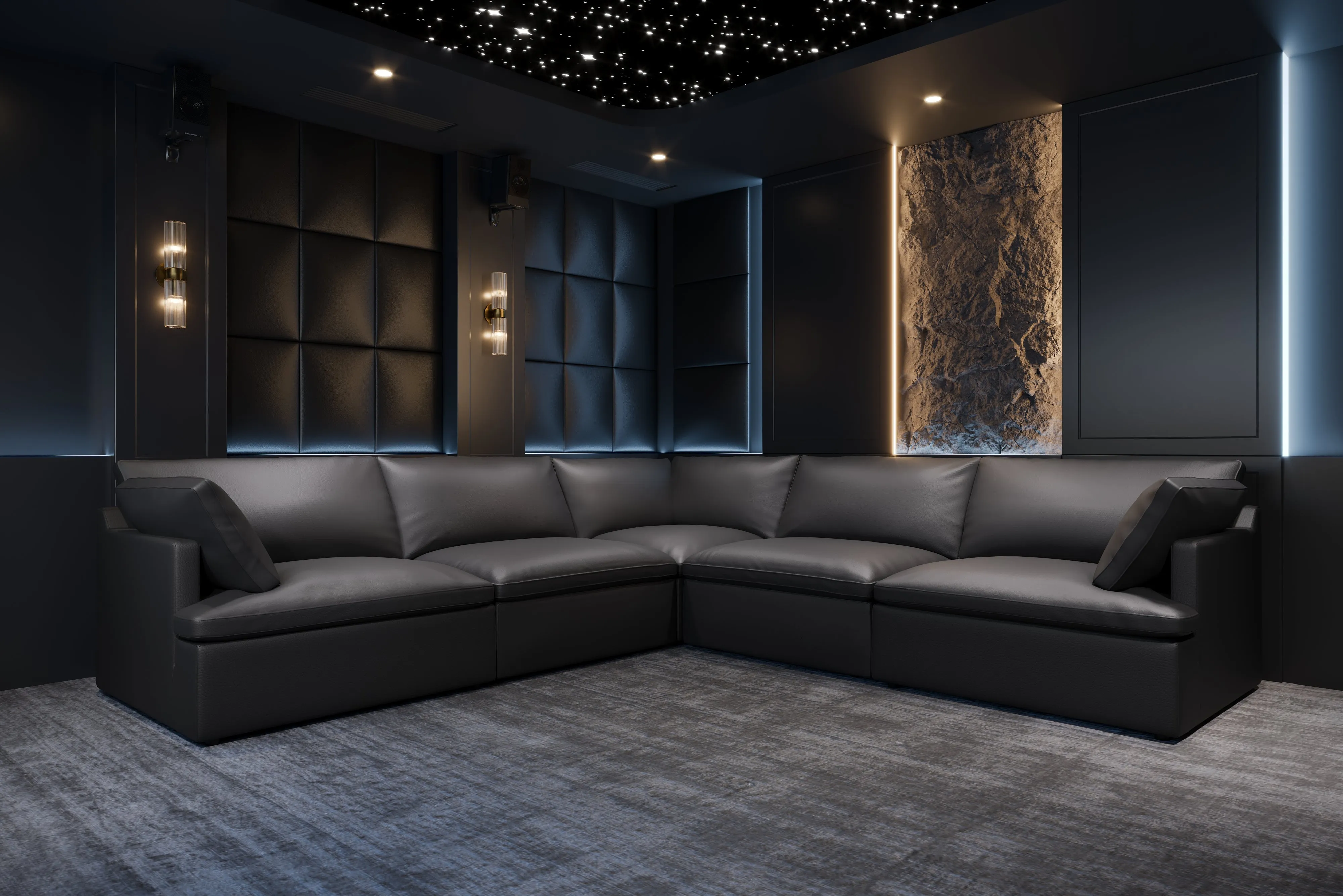 Valencia Isola Cloud Top Grain Leather Theater Lounge Modular Sofa Left Modular, Black Color