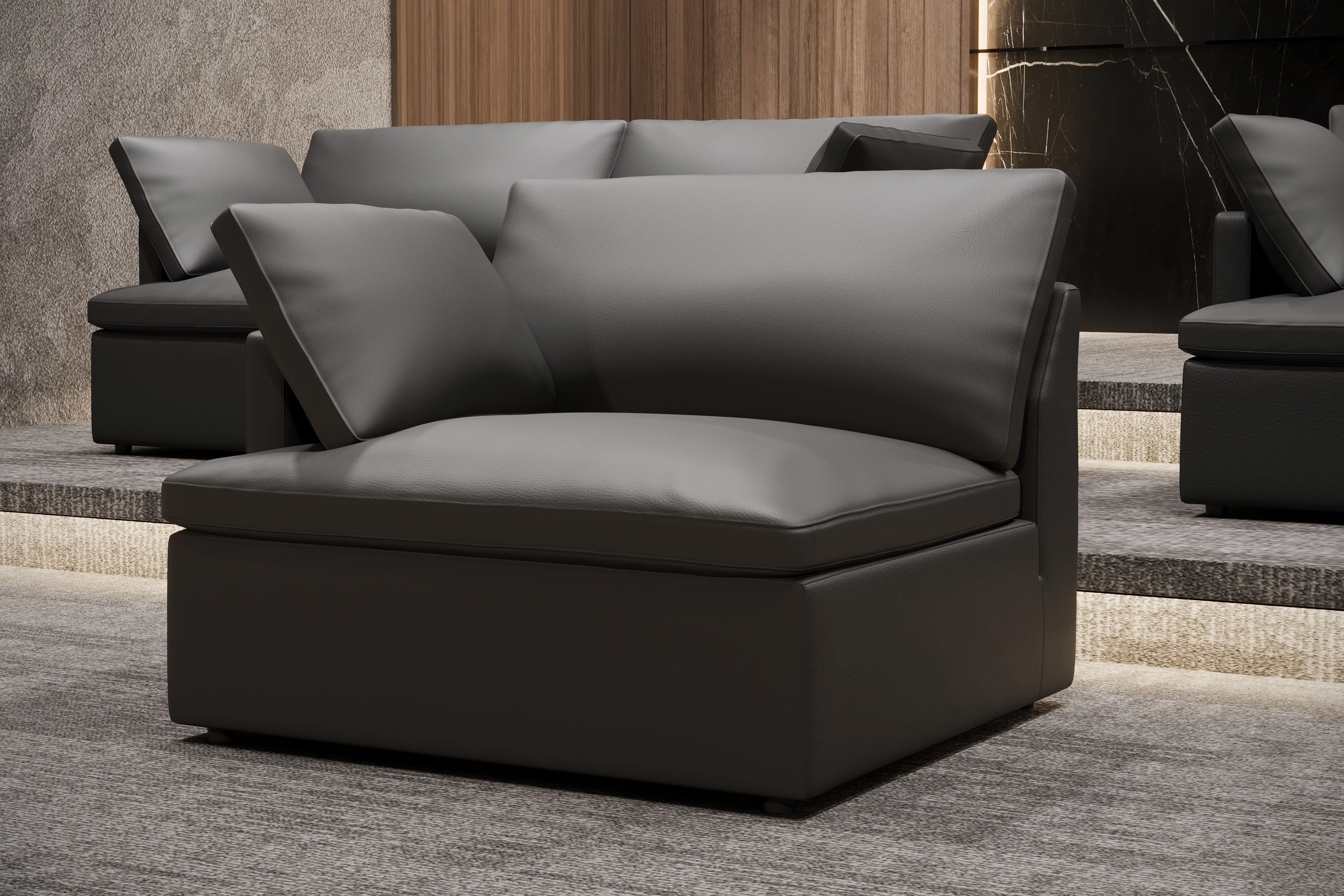 Valencia Isola Cloud Top Grain Leather Theater Lounge Modular Sofa Left Modular, Black Color