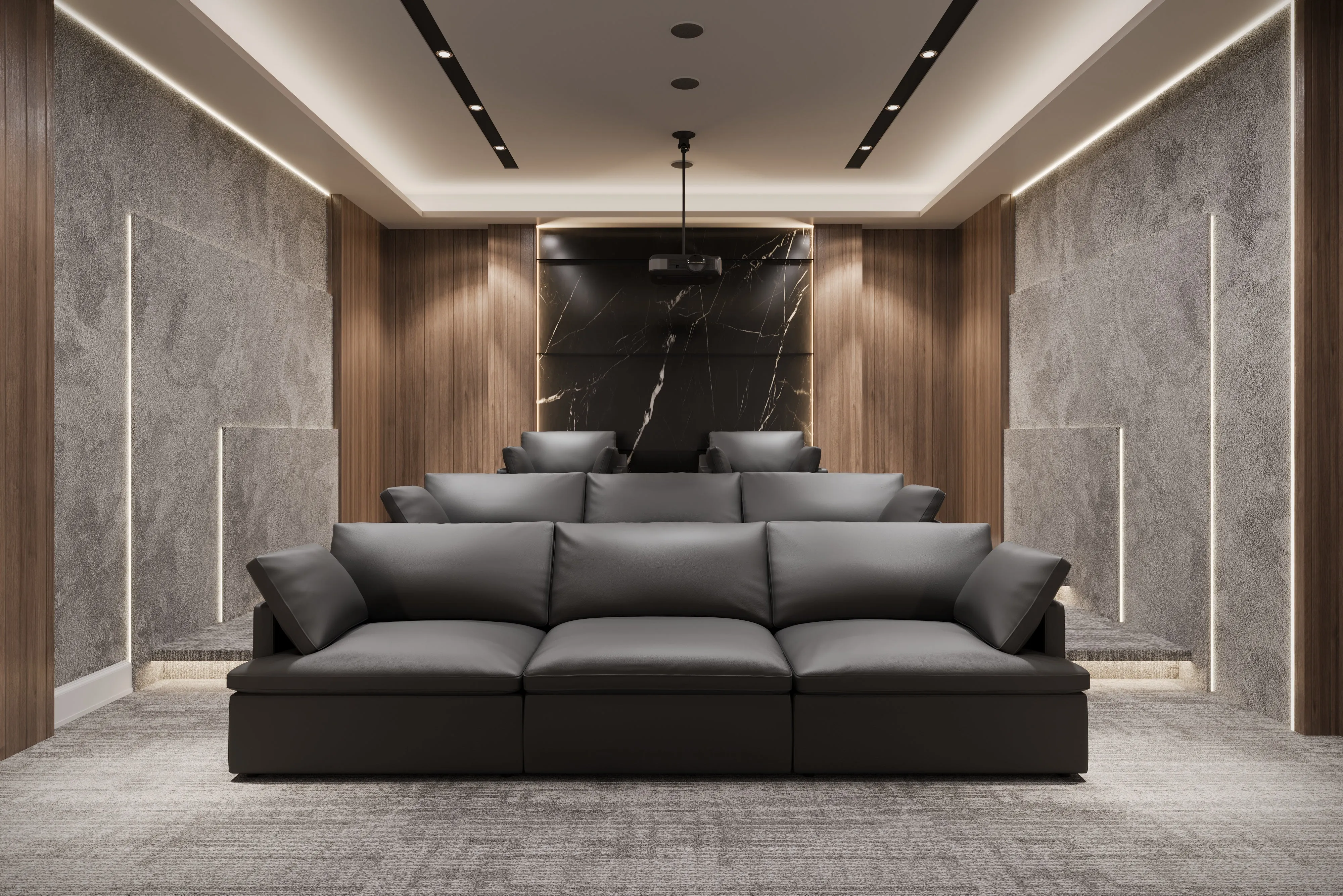 Valencia Isola Cloud Top Grain Leather Theater Lounge Modular Sofa Left Modular, Black Color