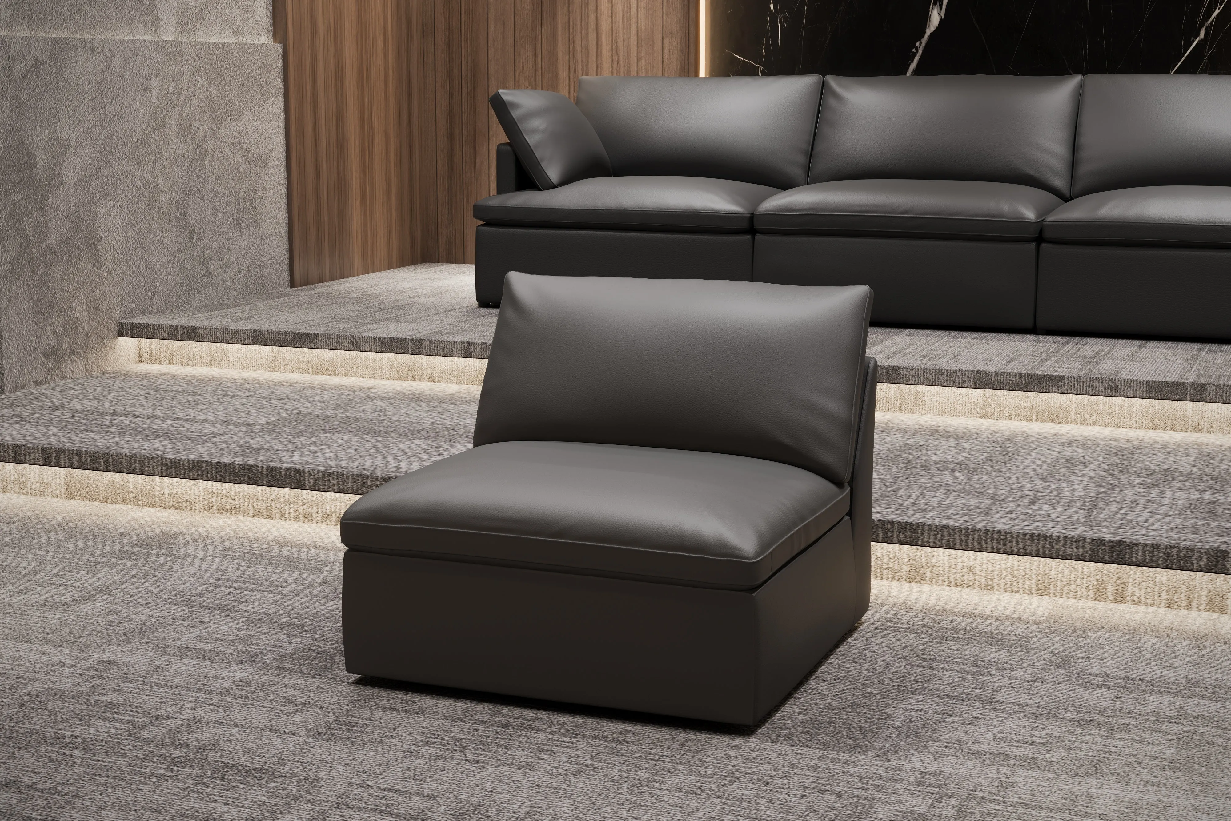 Valencia Isola Cloud Top Grain Leather Theater Lounge Modular Sofa Right Arm Piece, Black Color