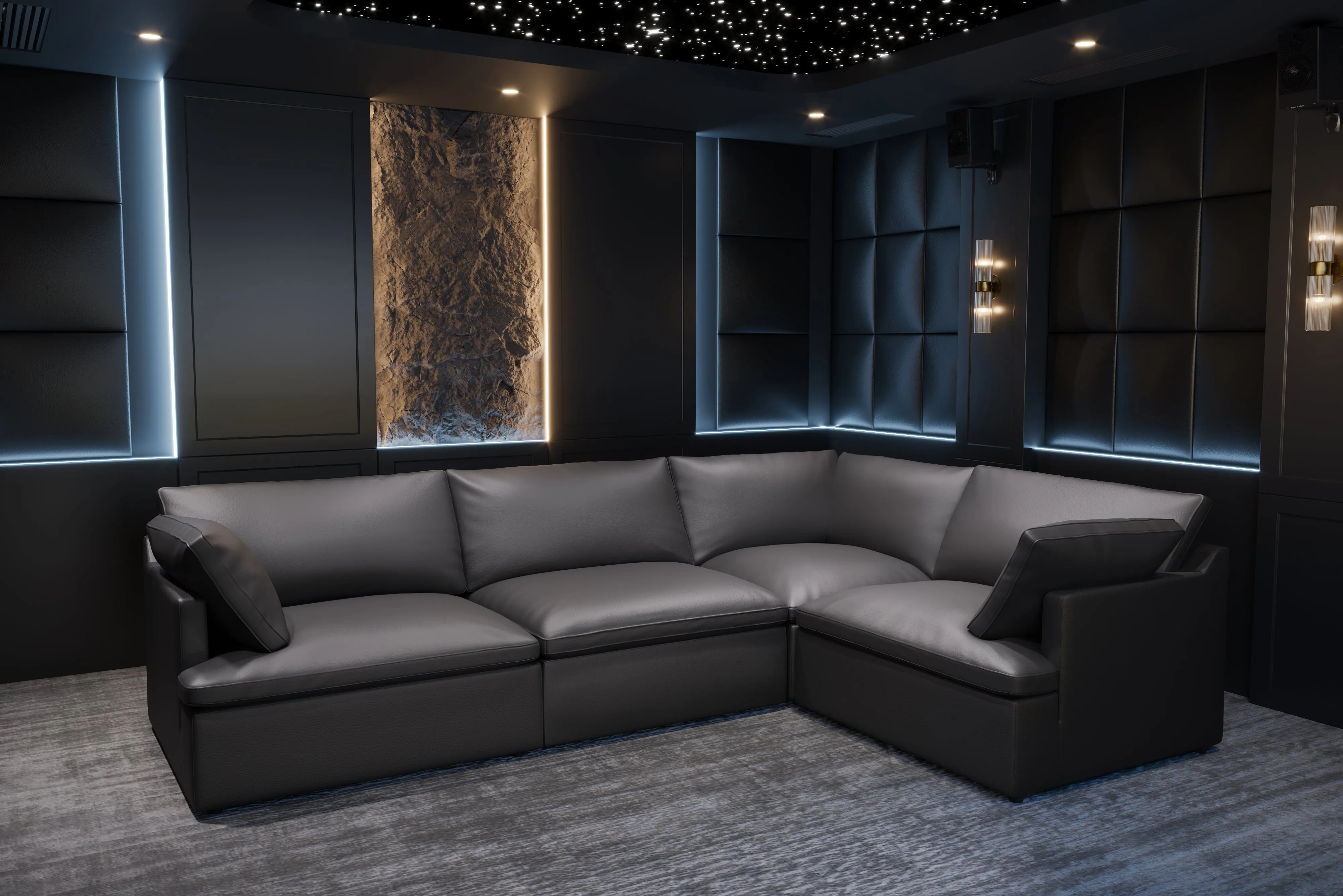 Valencia Isola Cloud Top Grain Leather Theater Lounge Modular Sofa Right Arm Piece, Black Color