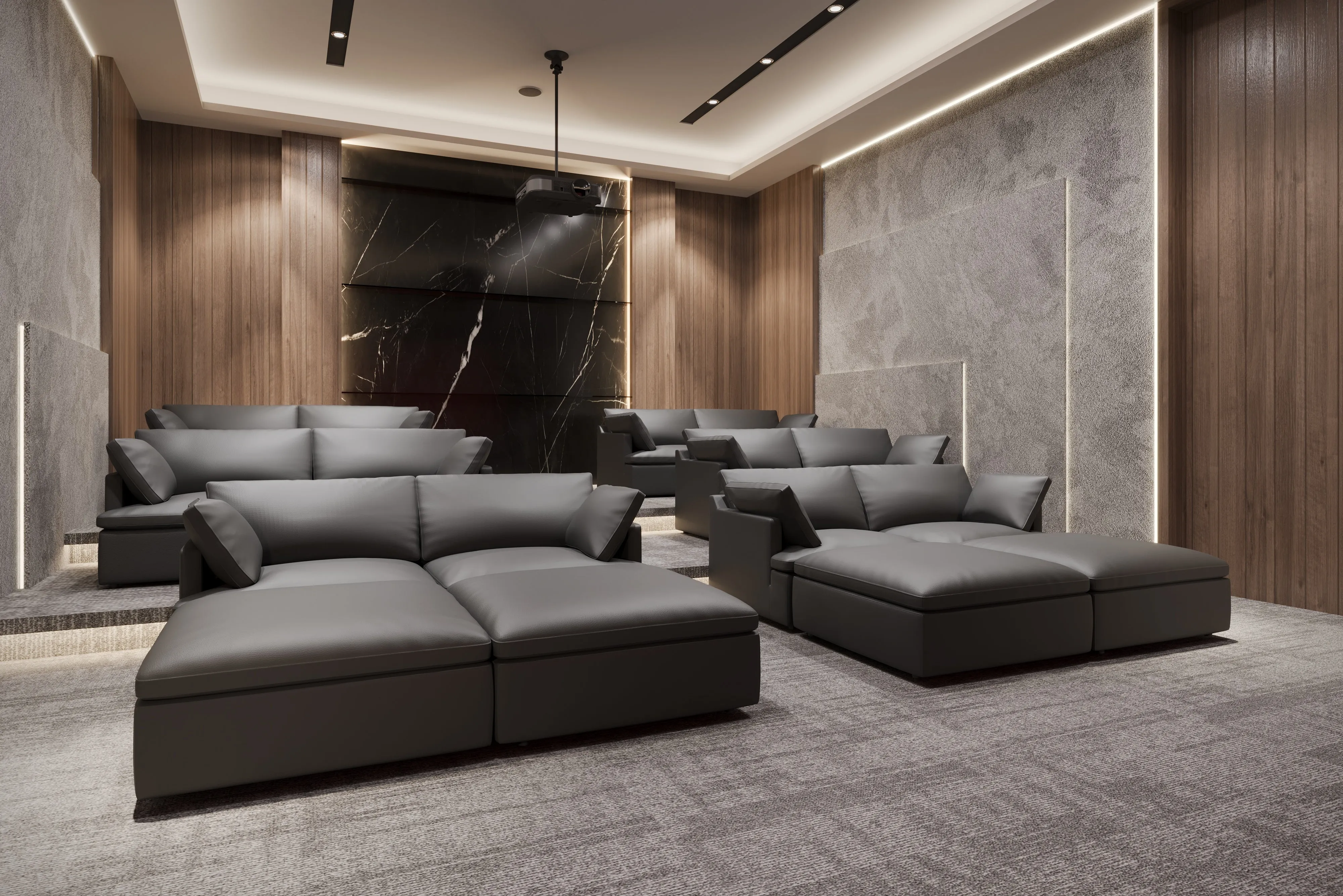 Valencia Isola Cloud Top Grain Leather Theater Lounge Modular Sofa Right Arm Piece, Black Color