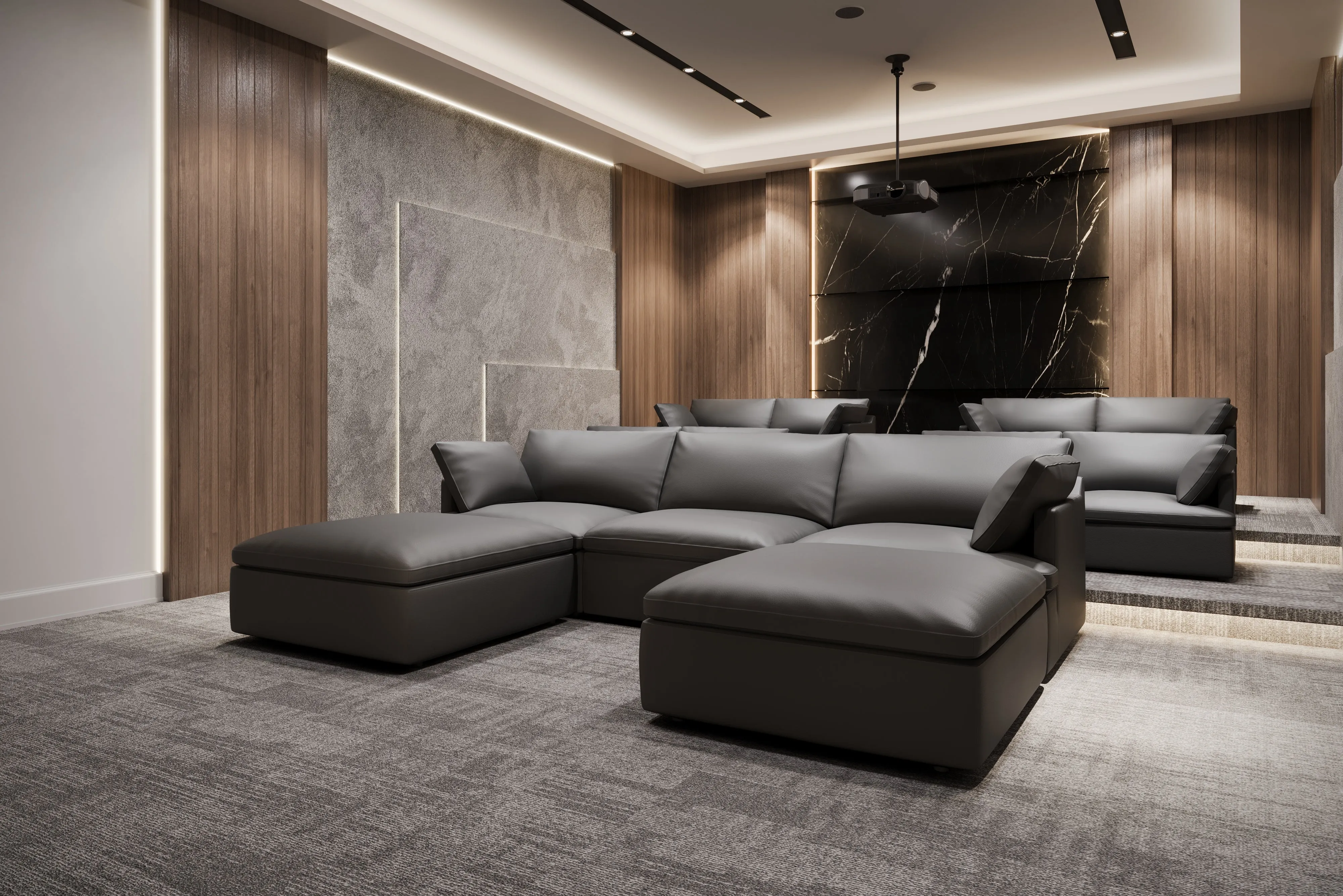 Valencia Isola Cloud Top Grain Leather Theater Lounge Modular Sofa Right Arm Piece, Black Color