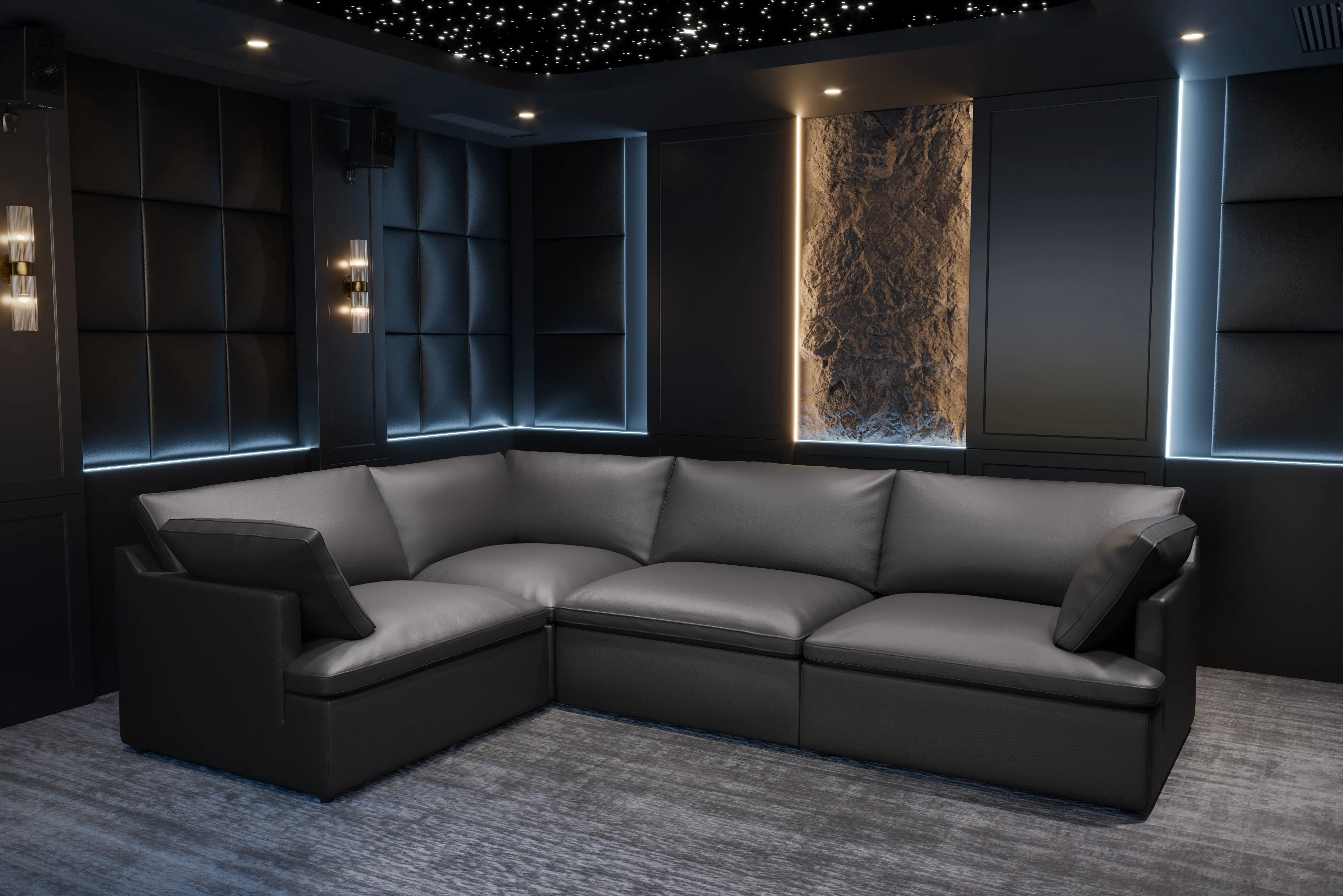 Valencia Isola Cloud Top Grain Leather Theater Lounge Modular Sofa Right Modular, Black Color