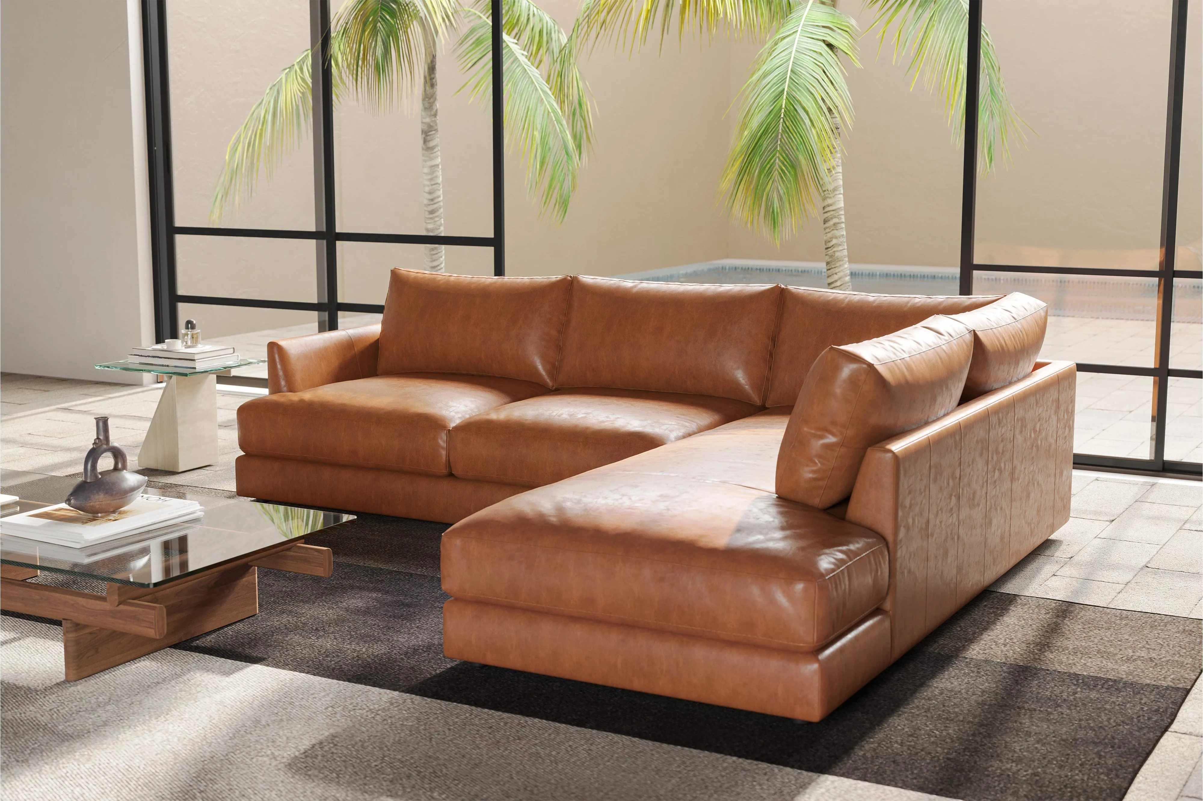 Valencia Serena Leather 2-Piece Right Bumper Chaise Sectional Sofa, Cognac