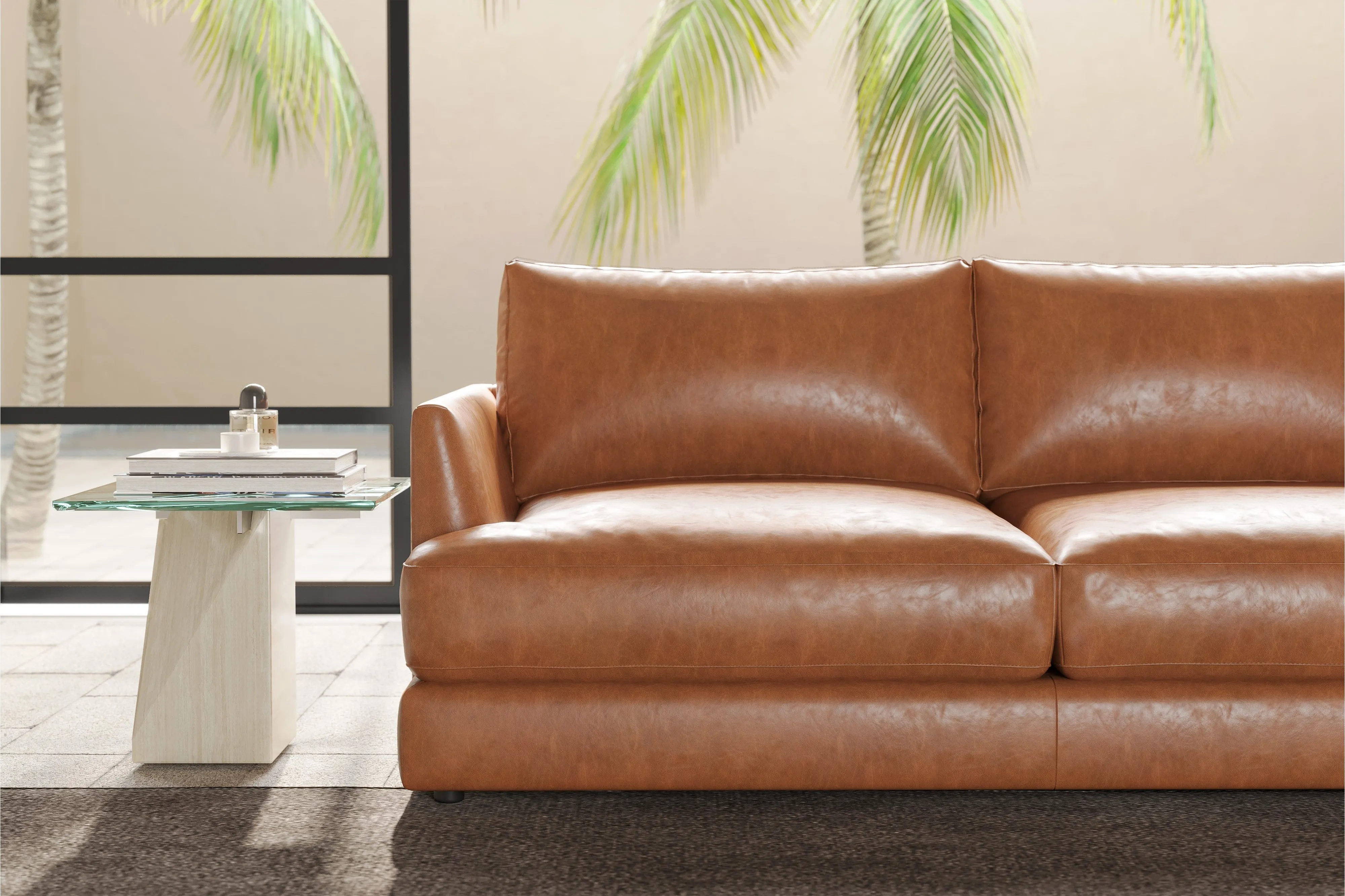 Valencia Serena Leather 2-Piece Right Bumper Chaise Sectional Sofa, Cognac