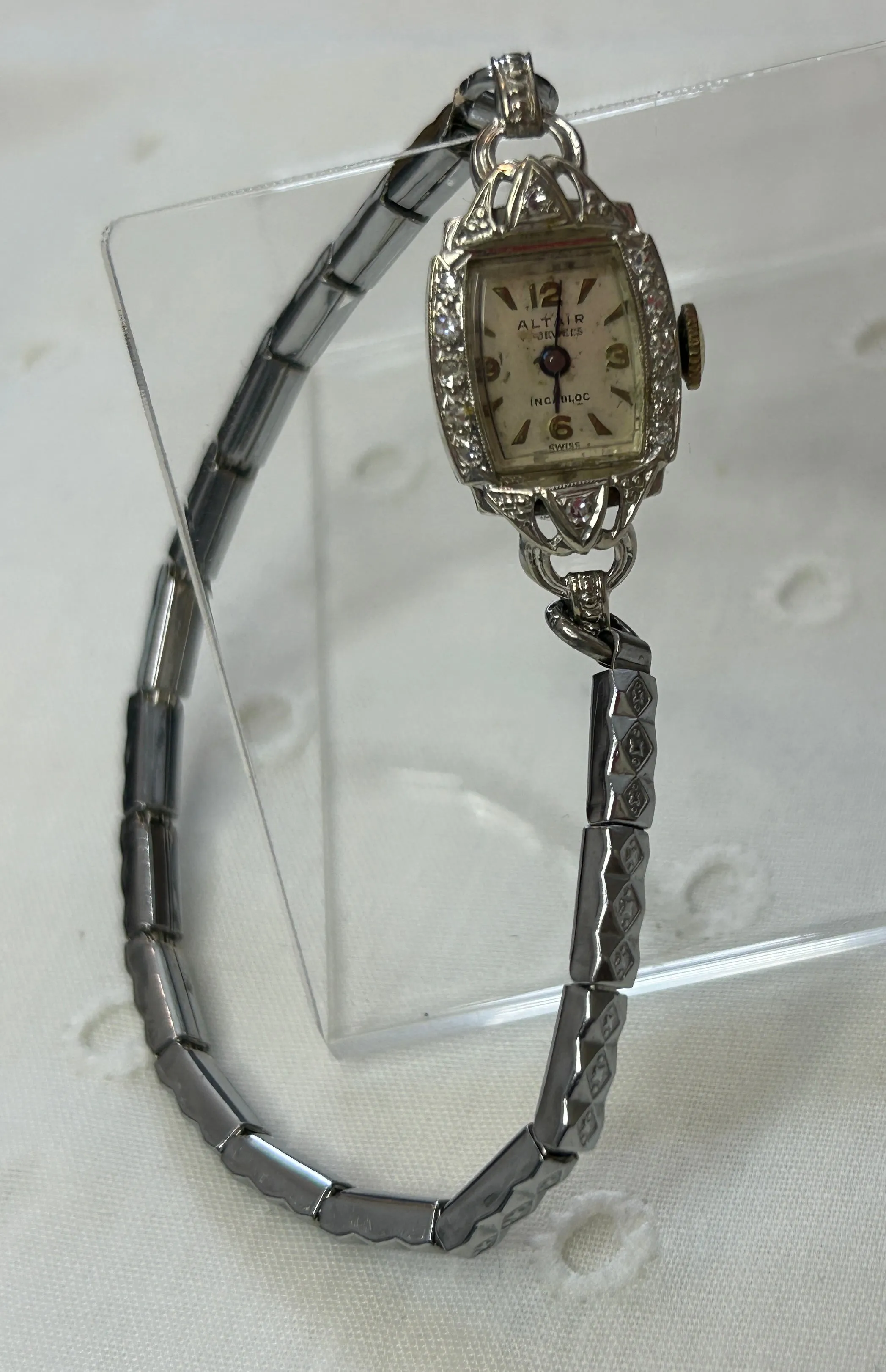 Vintage Altair 14k White Gold Diamond Womans Wristwatch